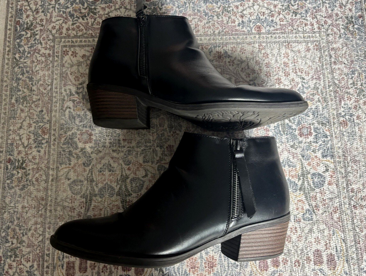Vepose Black Leather Side Zip Ankle Boots Stacked Heel Rubber Sole Booties~11