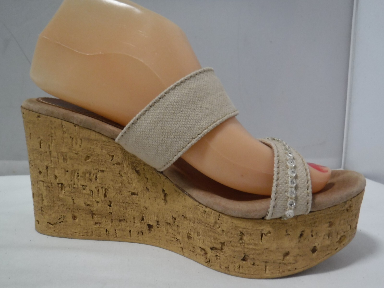 PF2 SBICCA Vintage Collection Cork Platform Beige Canvas Wedge Heel Sandals 8 39