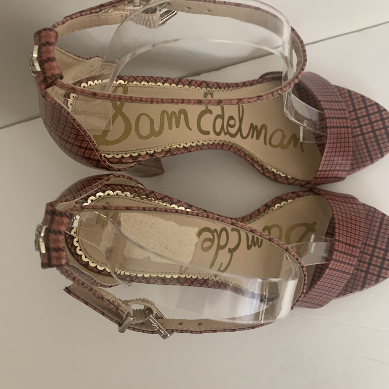 Sam Edelman Yaro Pink Black Plaid Ankle Strap Sandals Size 8M Block Heel EUC