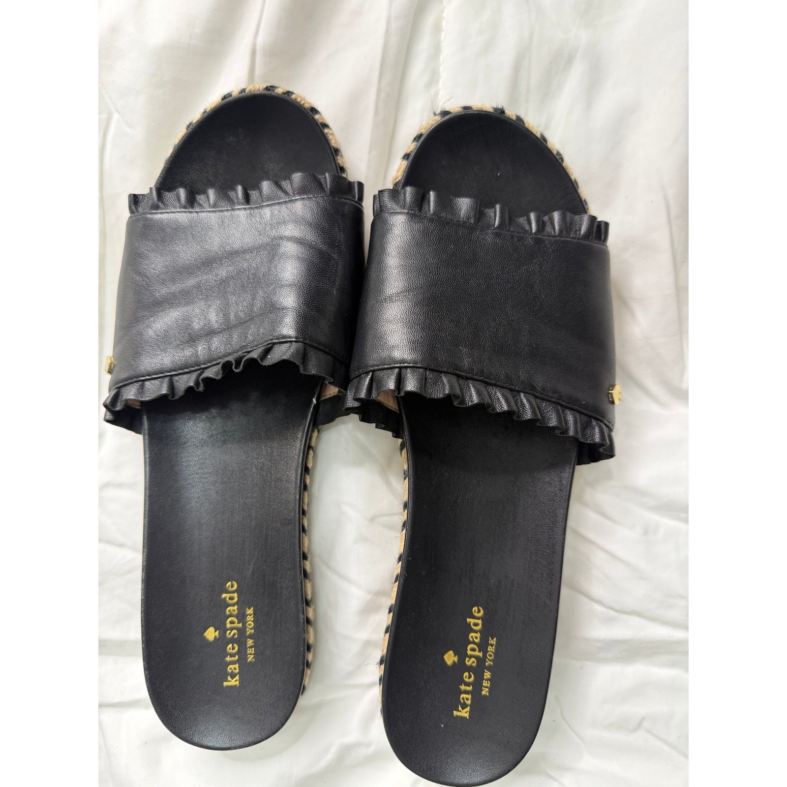 Kate Spade Zahara Black Leather Ruffle Espadrille Sandals Womens 10M S31600D
