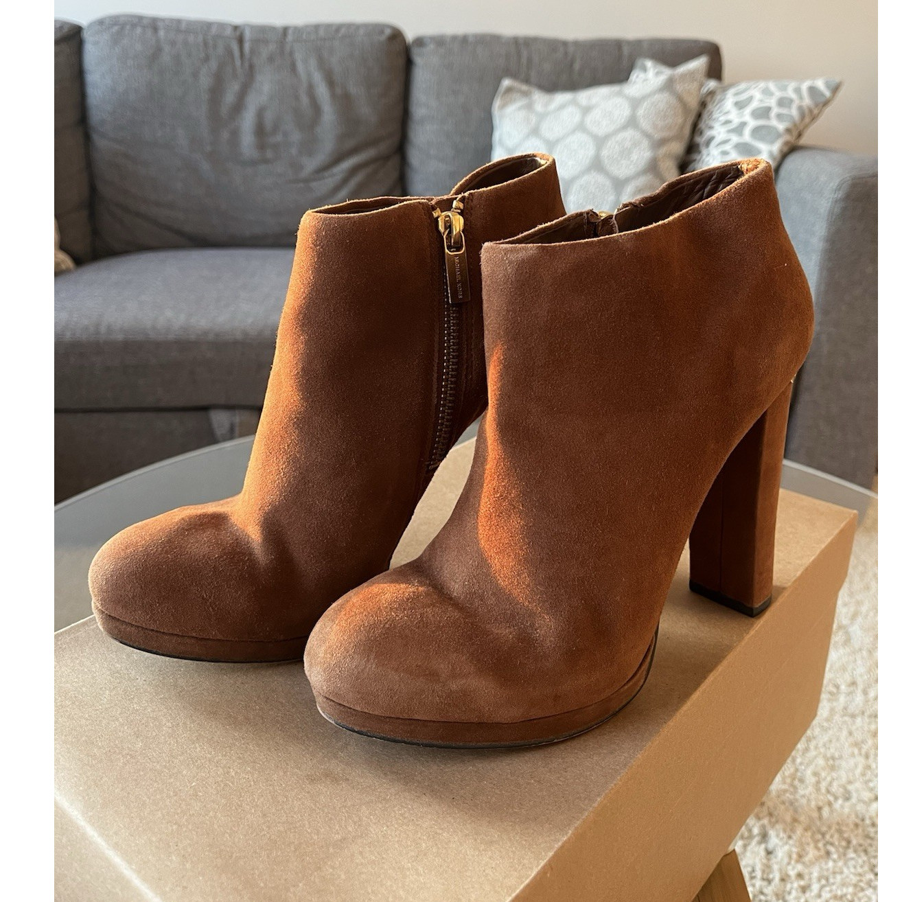 Michael Kors Brown Suede Ankle Booties Block Heel Zipper Logo Round Toe