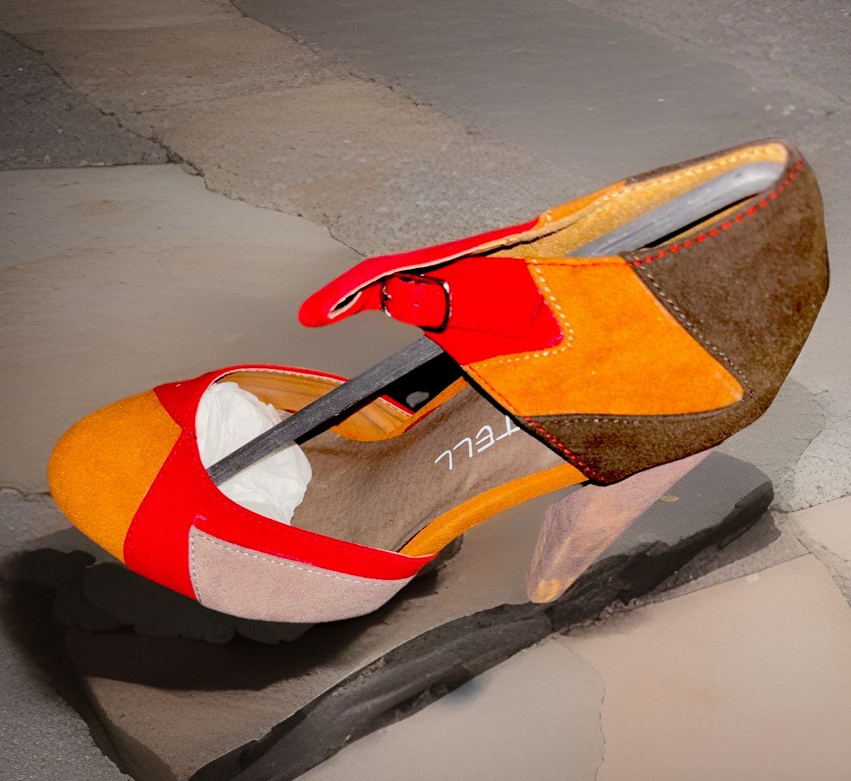 TELL Multicolor Colorblock Buckle Block Heel Suede Round Toe Women’s Pumps
