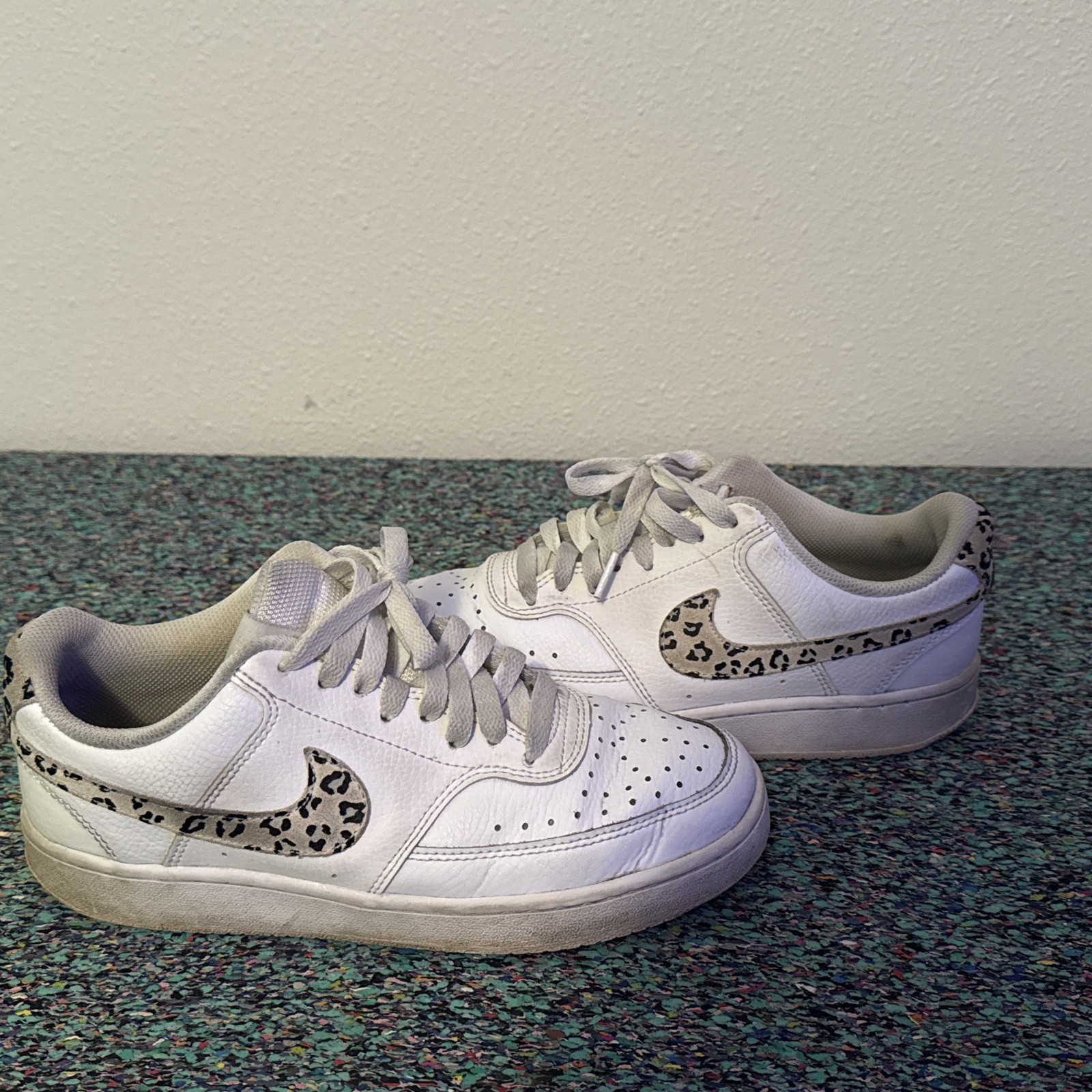 Nike Court Vision Low Top Lace-Up Sneakers WhiteBlack Leopard Swoosh women SZ7.5