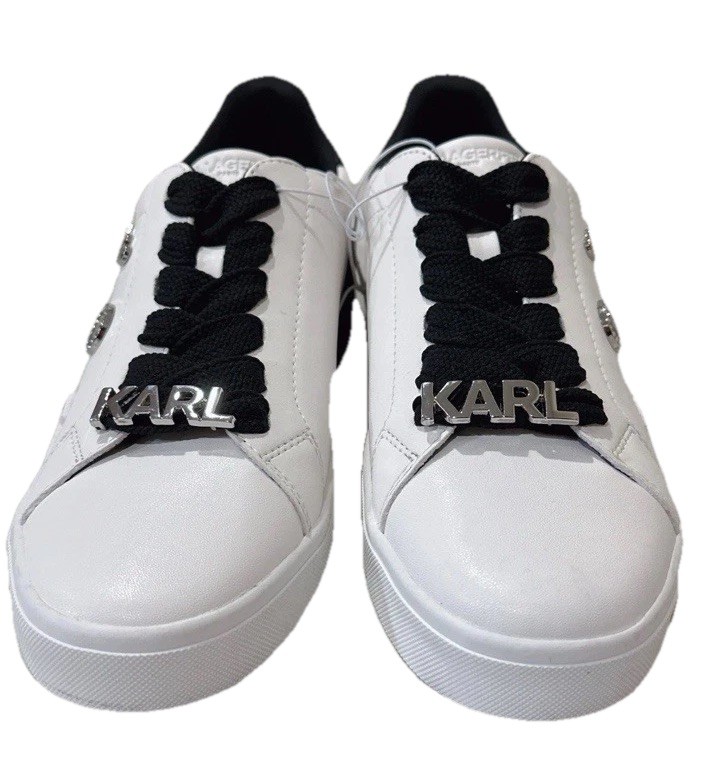 New Karl Lagerfeld Women White/Black Paris Maddish Logo Sneakers,Sz. 7; 8.5 M