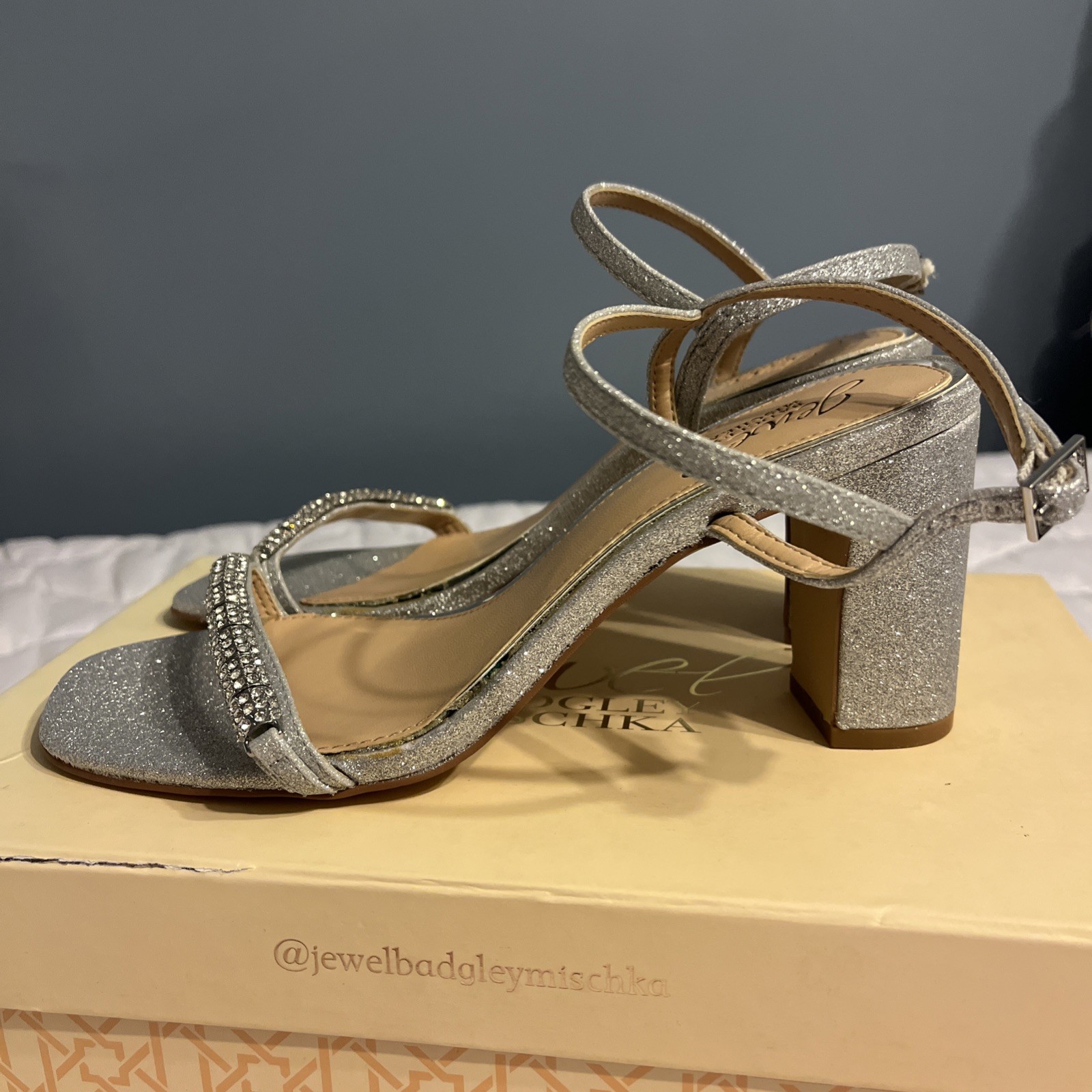 JEWEL BADGLEY MISCHKA Women’s Charlee Embellished Glitter Block Heel Sandals