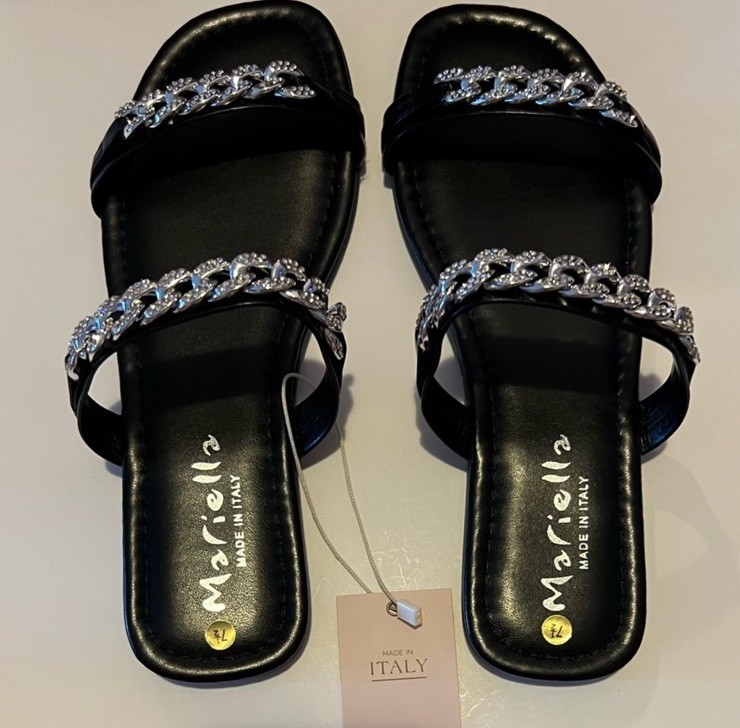 MARIELLA Made In Italy Silver Chainlink Black Flat Sandals, Size 7.5
