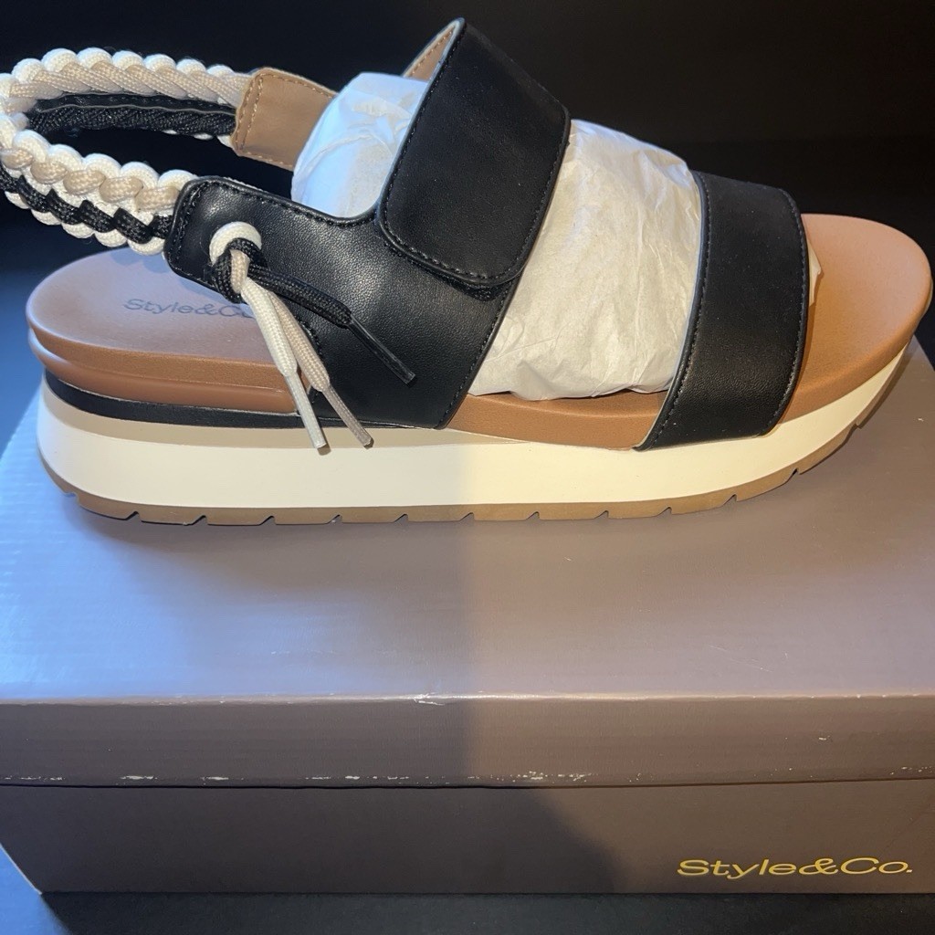 Style&co Women’s Black Strappy Sandals Braided Hook & Loop Adjustable Strap US 8