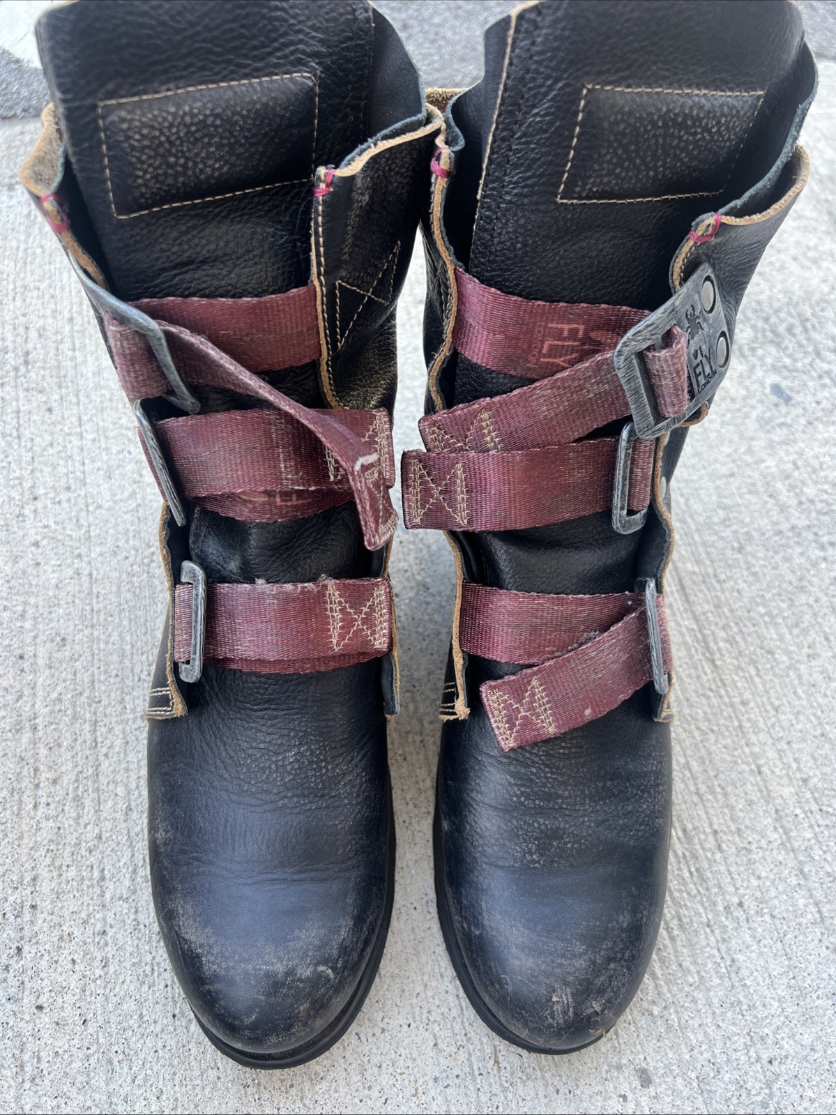 Women’s Fly London Black leather boots size not marked ( heel-toe 11″ )