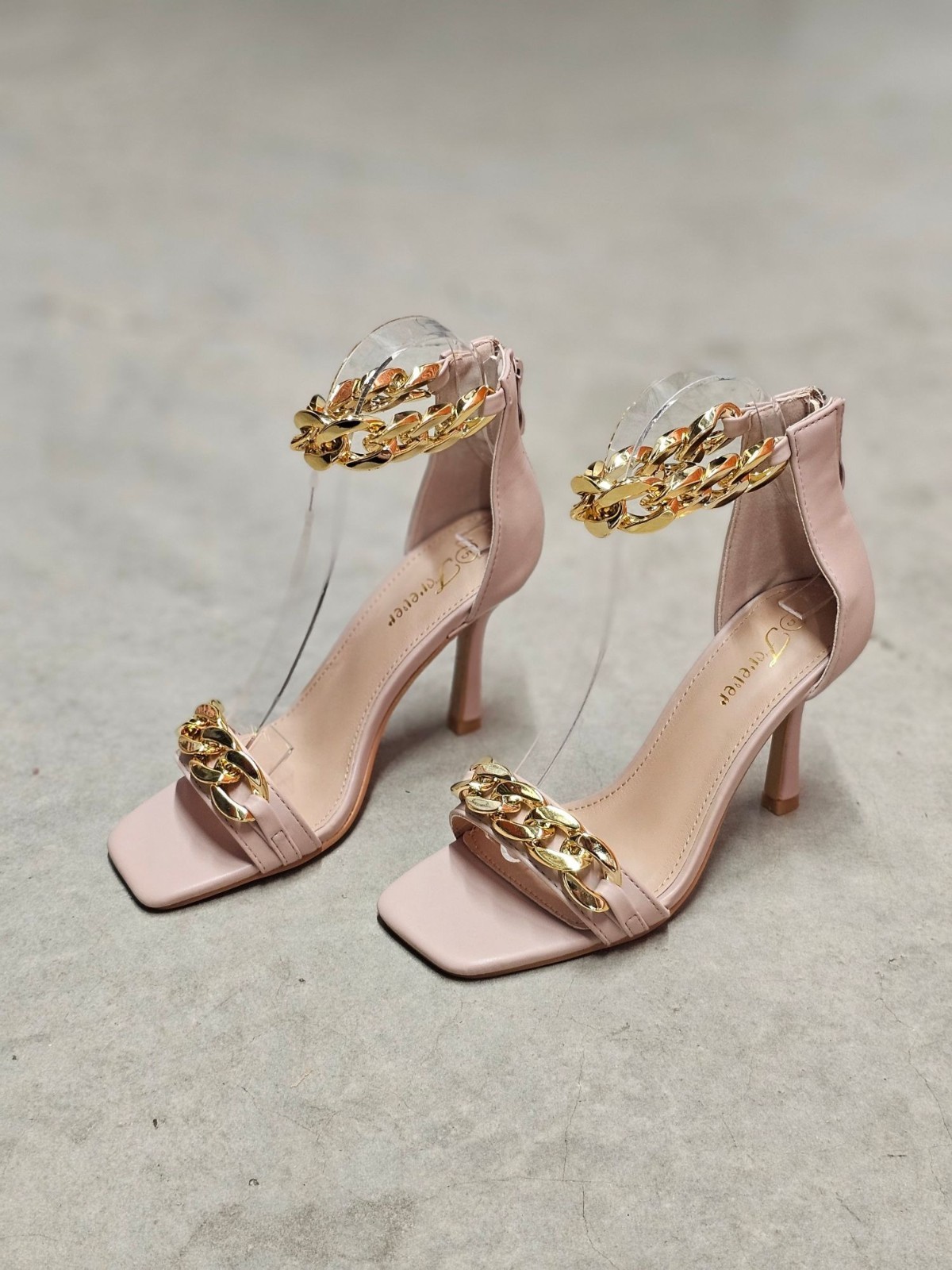 Blush Pink High Heel Sandals With Gold Chain Ankle Strap Square Toe Back Zipper