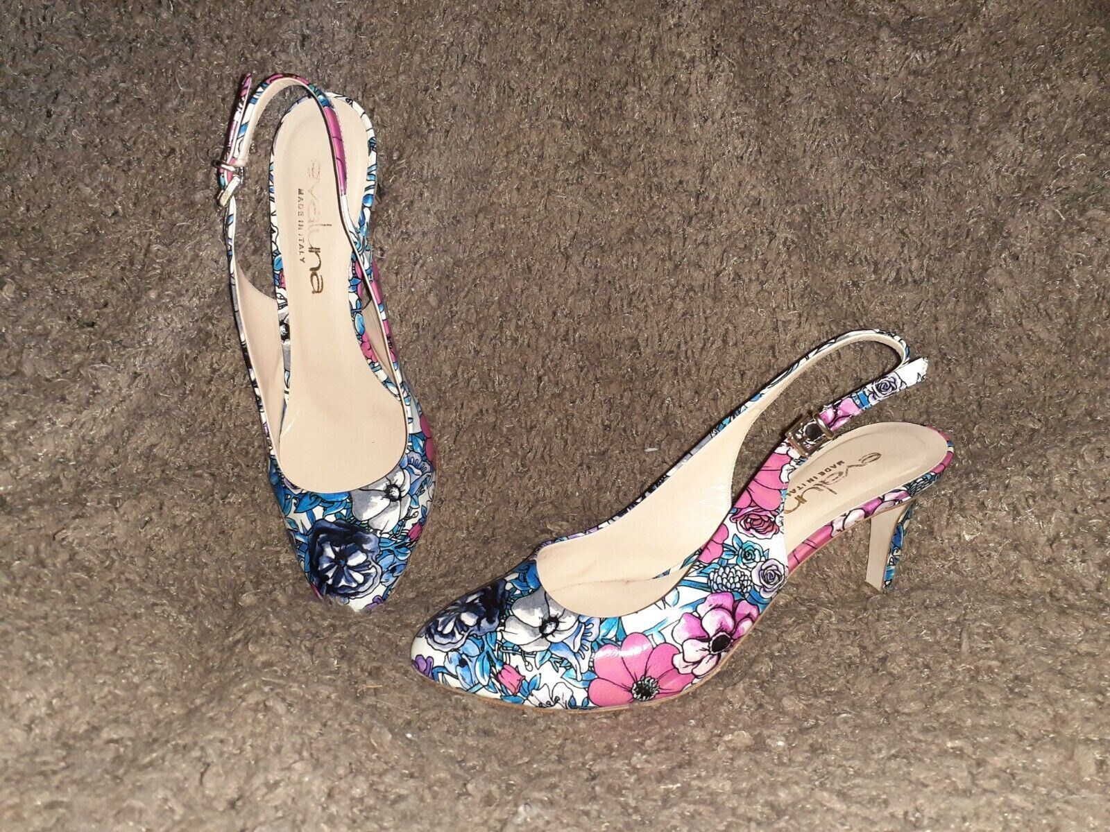 EVALUNA -Floral Print Patent Leather Slingbacks-Buckle Fasten-Sz 36-Excellent