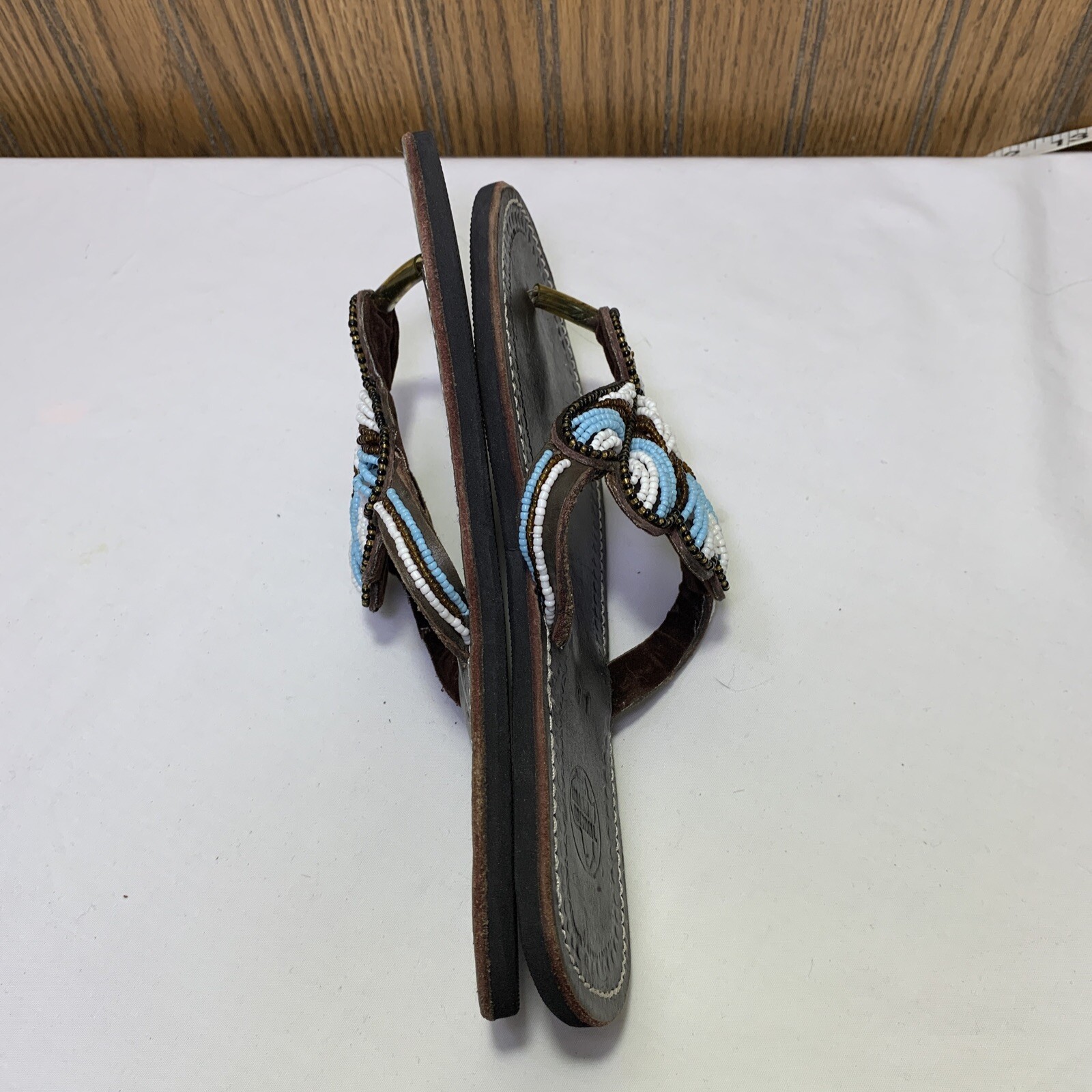 Hand Tooled Leather Sandals Thong Flip Flop Seed Bead Bohemian Size 37 US 6.5