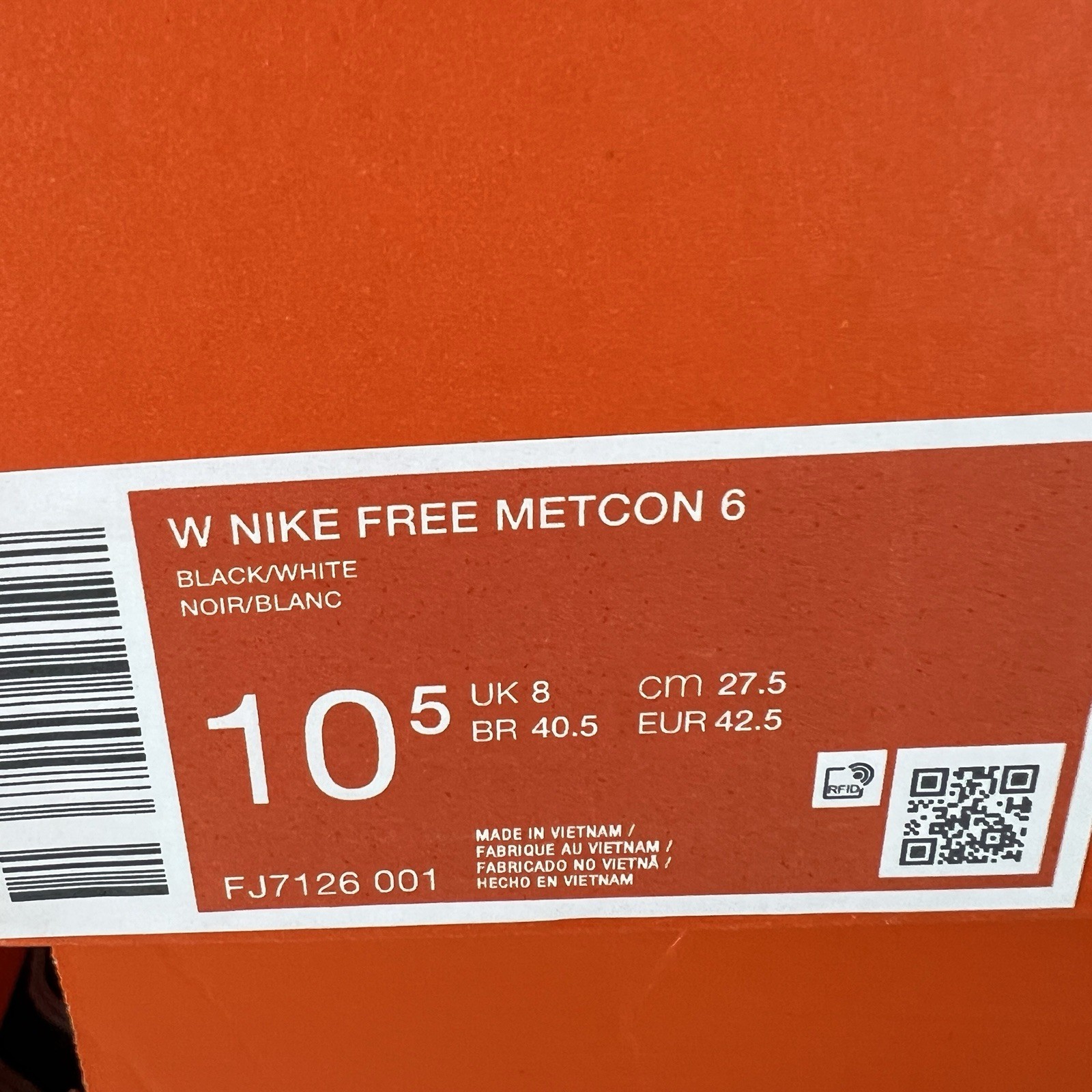 Nike Free Metcon 6 Black White Women’s 10.5 / Mens 9 Running Shoe nby FJ7126-001