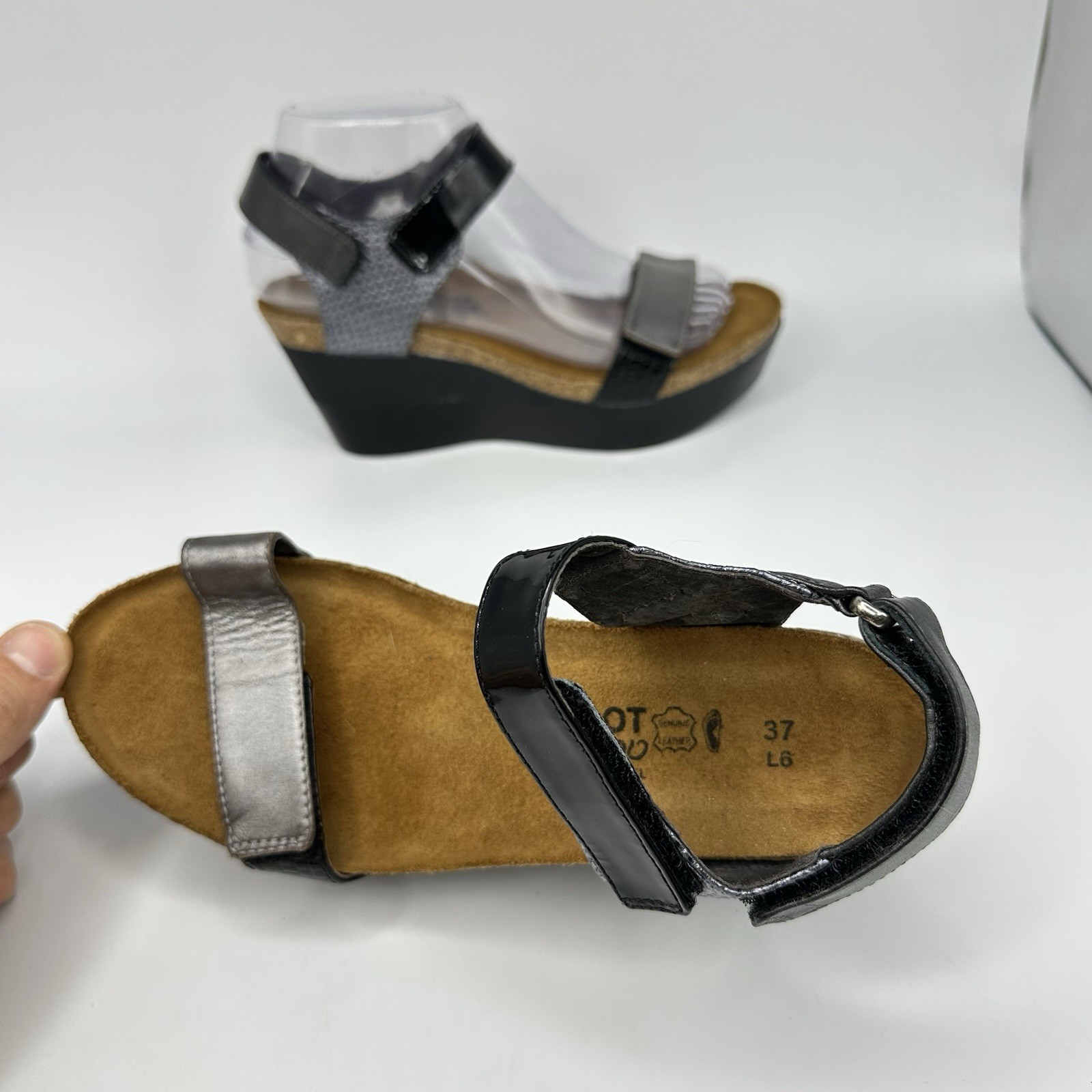 Naot-Miracle Women 6 US EUR 37 Pewter Black Cork Wedge Adj Ankle Strap
