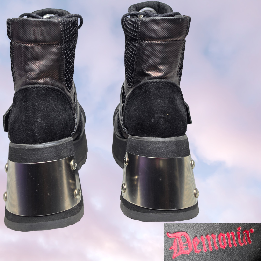 Demonia Black Wedge Platform Grunge Goth Festival Punk Metal Studded Boots 7.5
