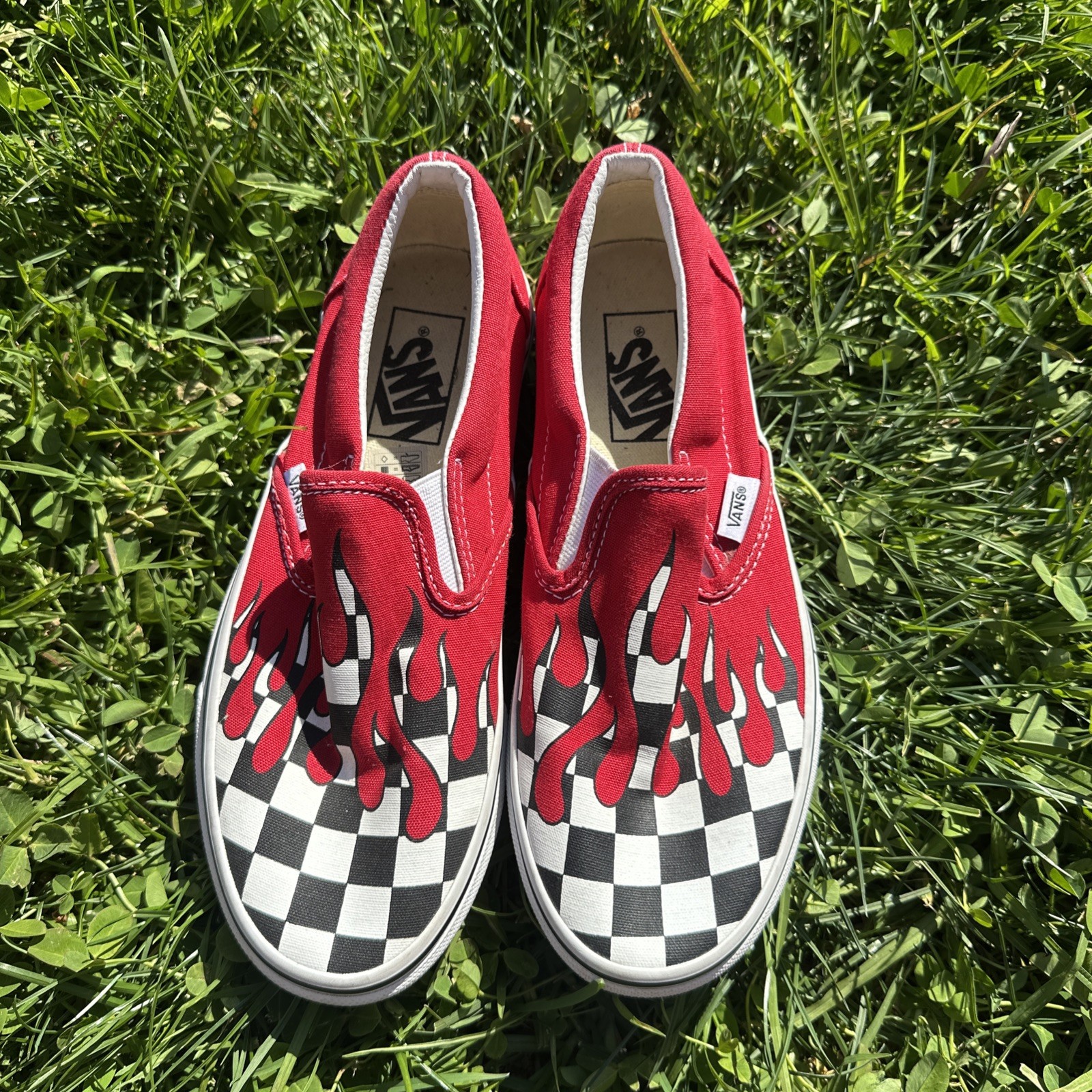 VANS Flame Checkerboard Shoes Adult Red Slip On Skate Sneaker Men 5 Women 6.5