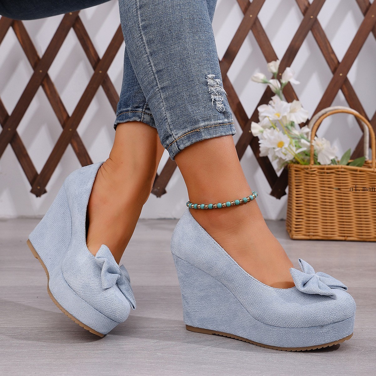 Women’s Bow-Knot Platform Wedge Pumps Slip-On Round Toe Comfort Mary Jane Shoes