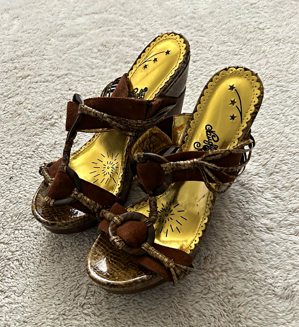 Vintage Y2K Naughty Monkey Wood Wedge, Boho Buckle,Leather Slip On Heels/Sandals