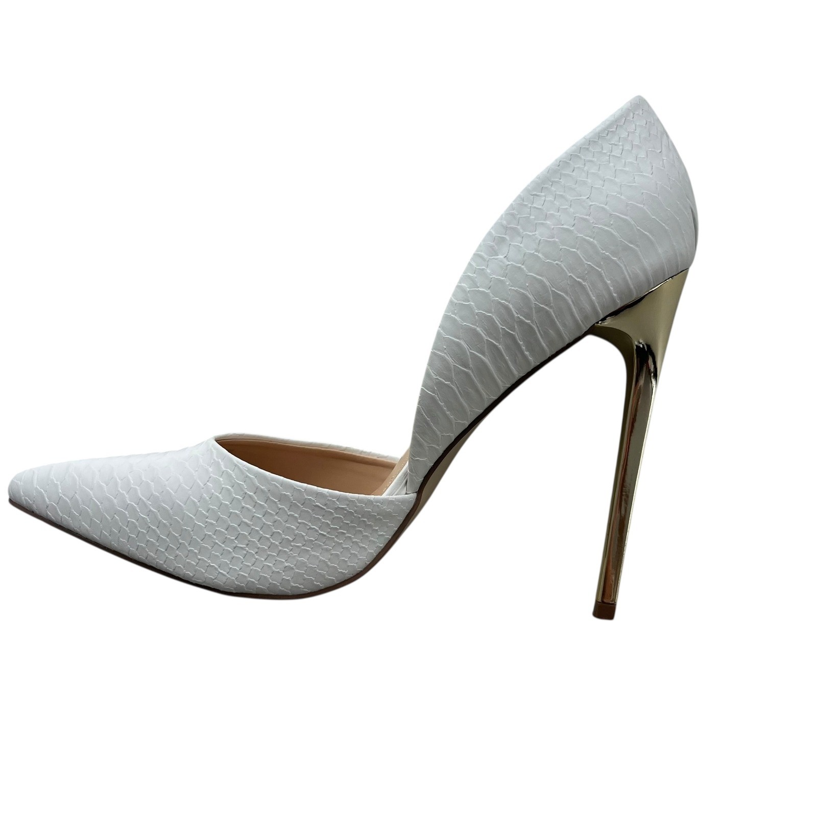 JUST FAB Women 9.5 White Gold Embossed Snakeskin Pointed Toe D’orsay Monika Heel