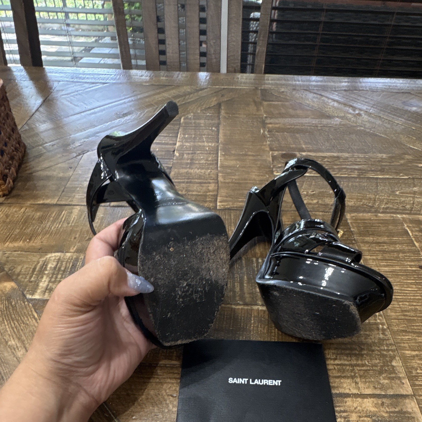 Saint Laurent Women’s Black Patent Leather Strappy Ankle Strap Sandals 6