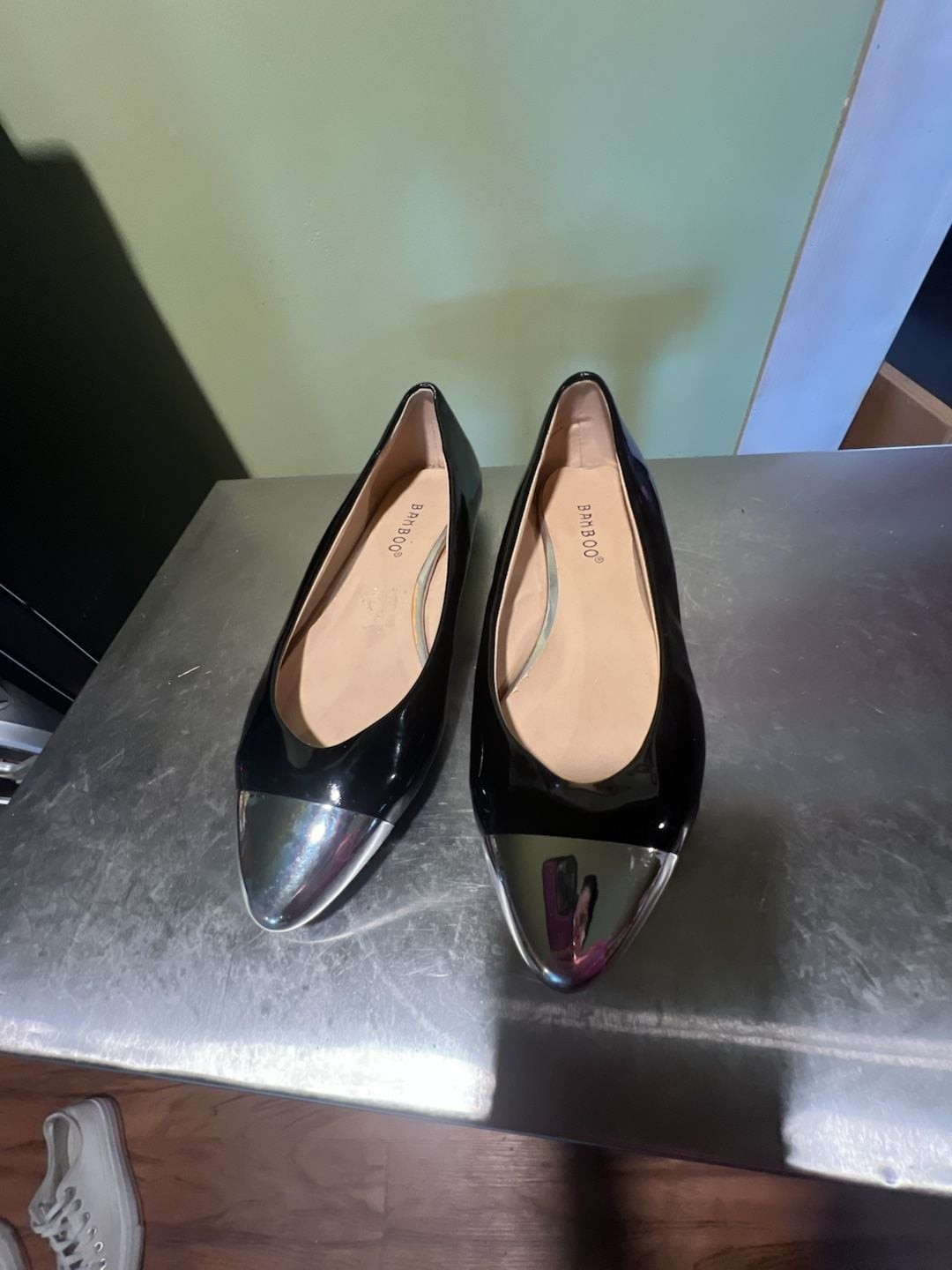 Bamboo Black Patent Pointed Toe Flats with Metallic Silver Cap Toe
