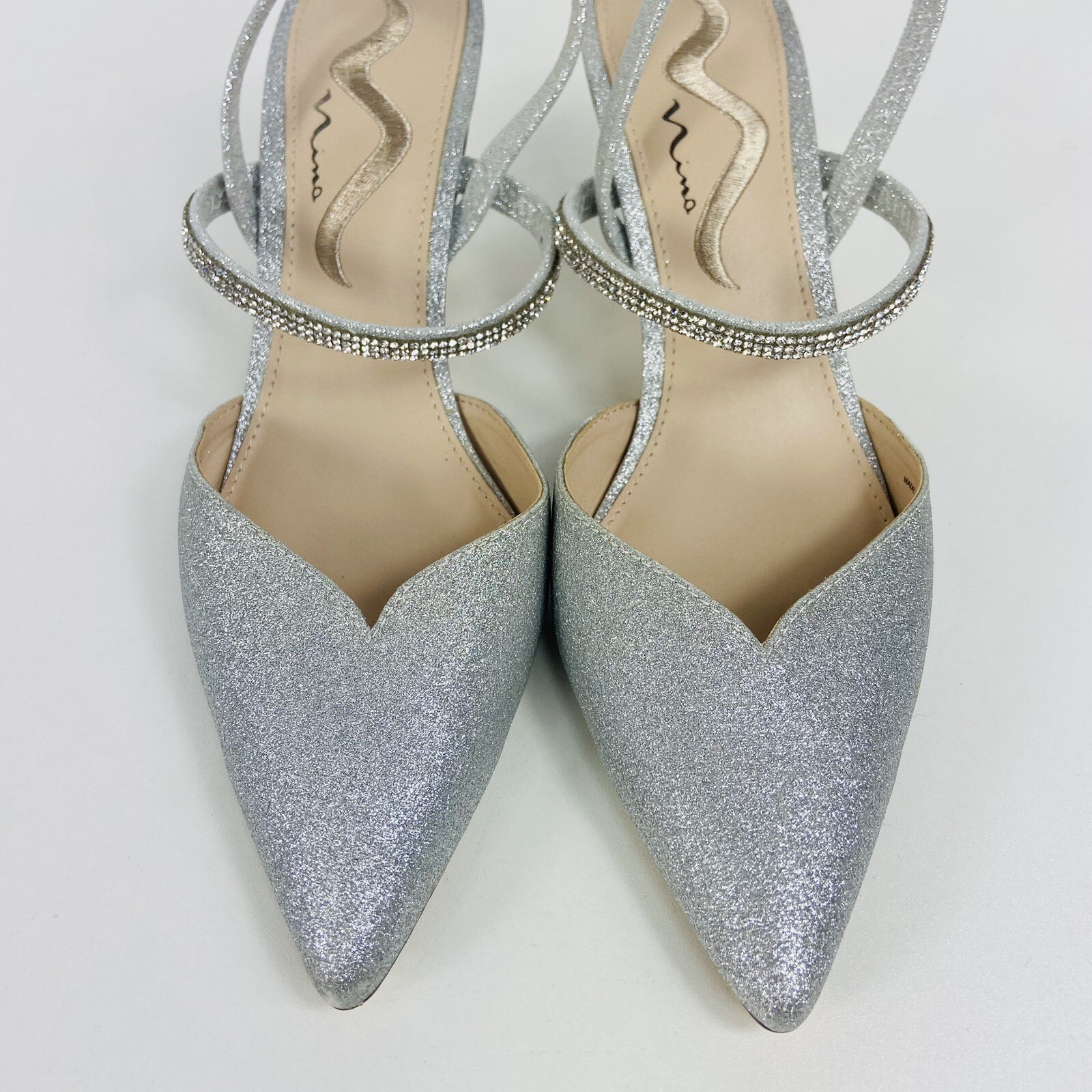 Nina Rhinestone Elastic Slingback Pumps Sz 8 / 38 Sparkly Silver Bridal