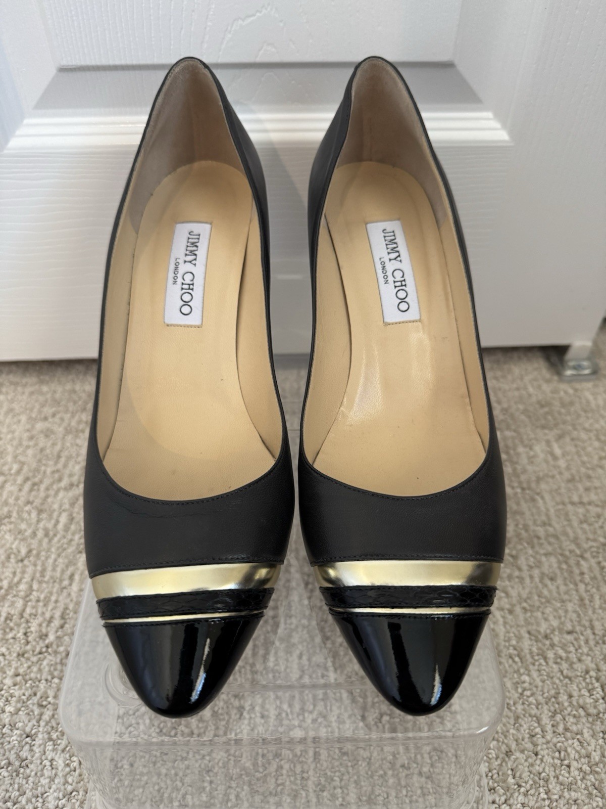 Jimmy Choo Black Leather/Patent Cap Toe Pointed Toe Stiletto Pumps Slip On 41