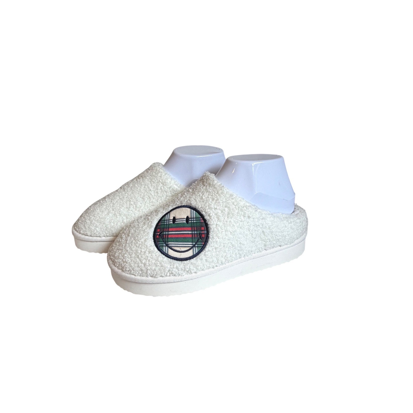 Aerie Sherpa Platform Slippers Cream White Plaid Smiley Face Mules Womens 7