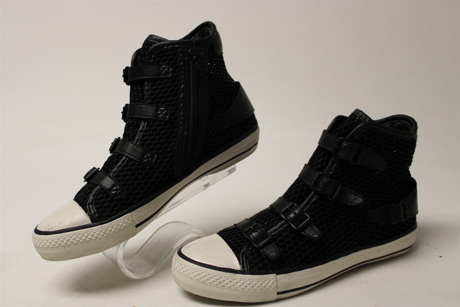 ASH Vanessa High Top Sneaker Women Size 7 38 Black Mesh Buckled Fashion Shoes
