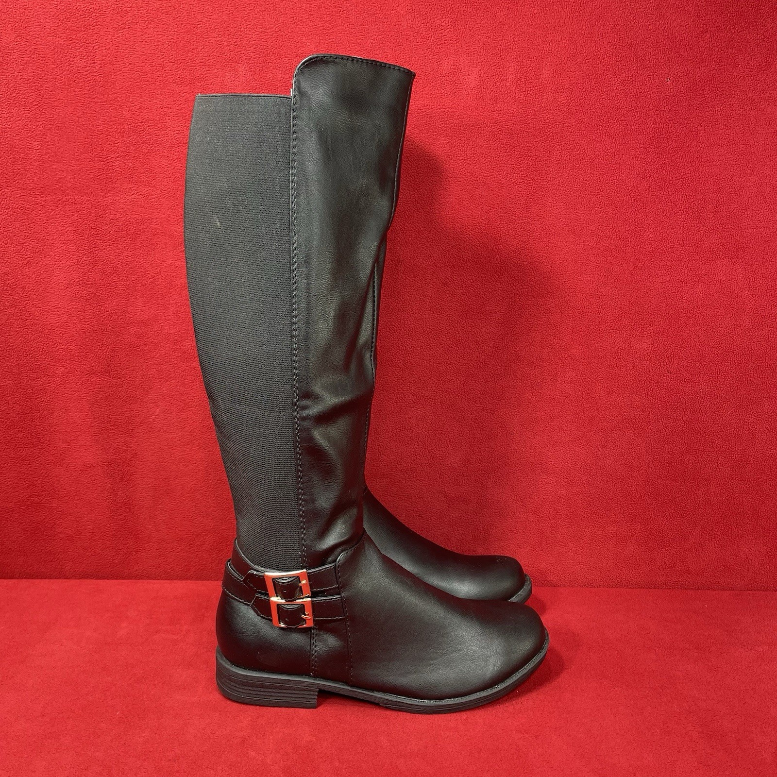 Bamboo Knee High Vegan Leather & Synthetic Zipper Buckle Boots Black Women’s 7.5