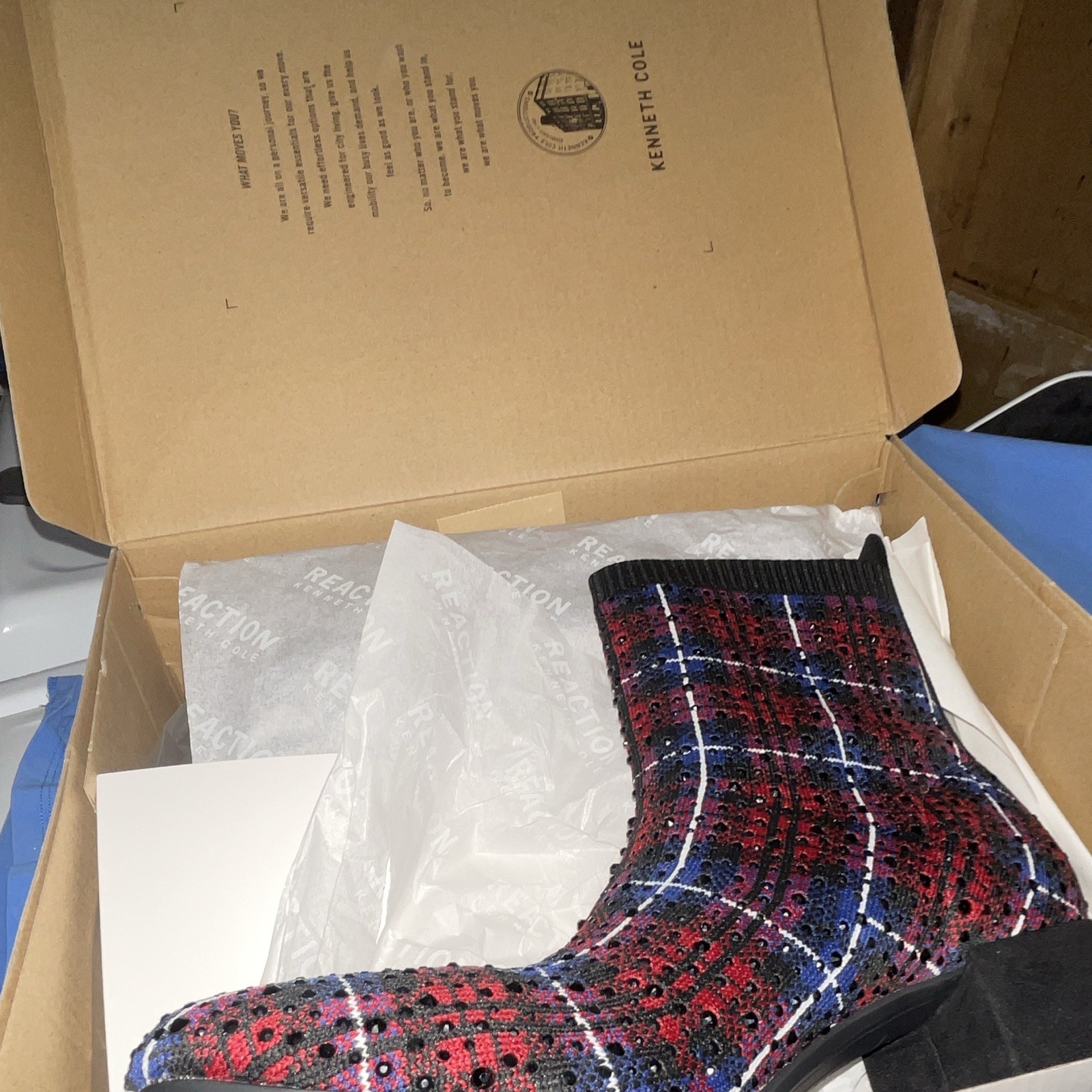 Kenneth Cole Reaction Irida Stretch Jewel Plaid Knit Ankle Bootie US 7.5 M
