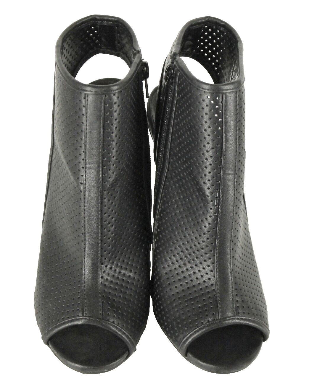(D}~ Black Heels/Shoes Sz. 8 Faux Leather Mesh Material Open Toe Zip 4.75″-h