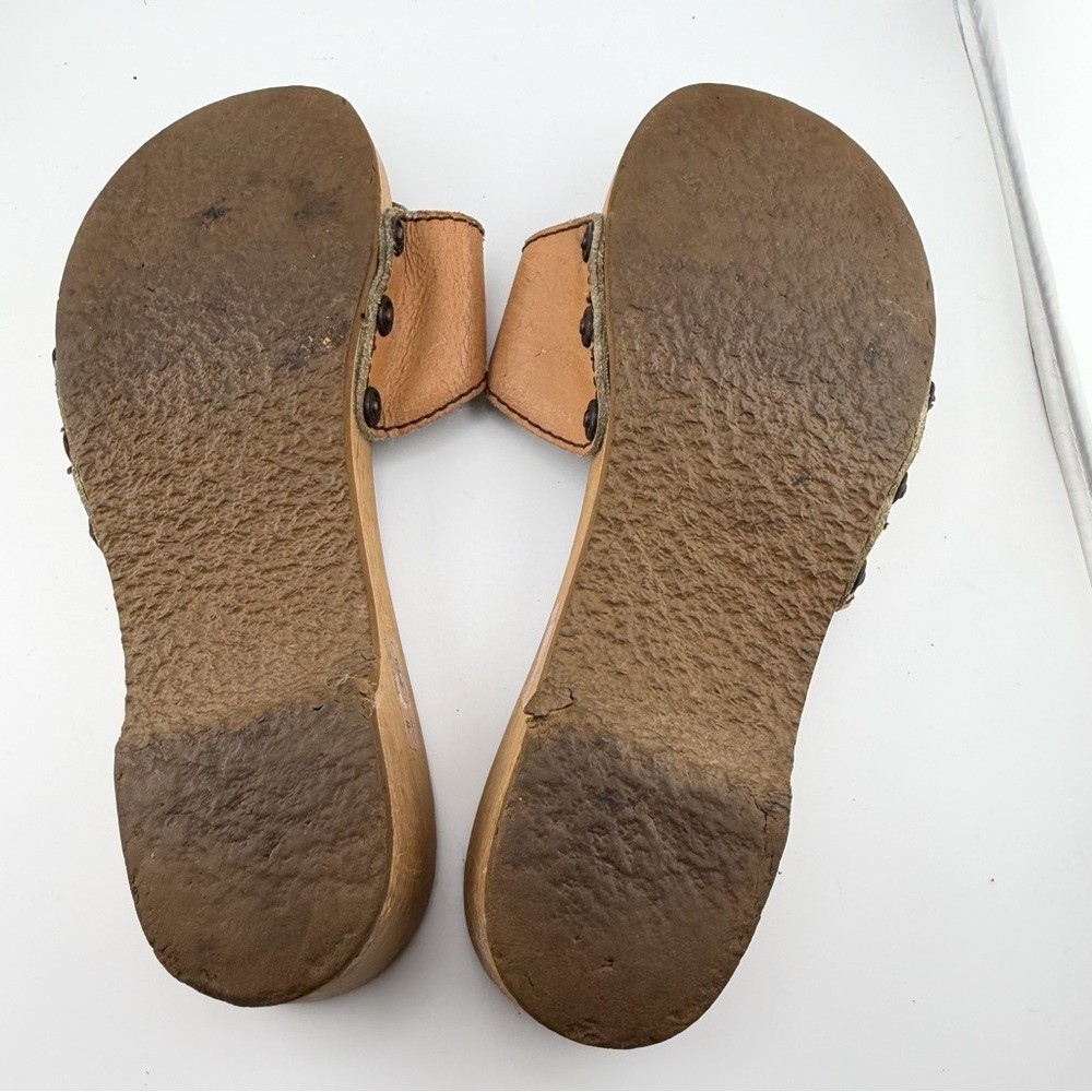 Vintage 70’s Tan Leather Scholl Original Wooden Sandal, Made in Austria, Size 8