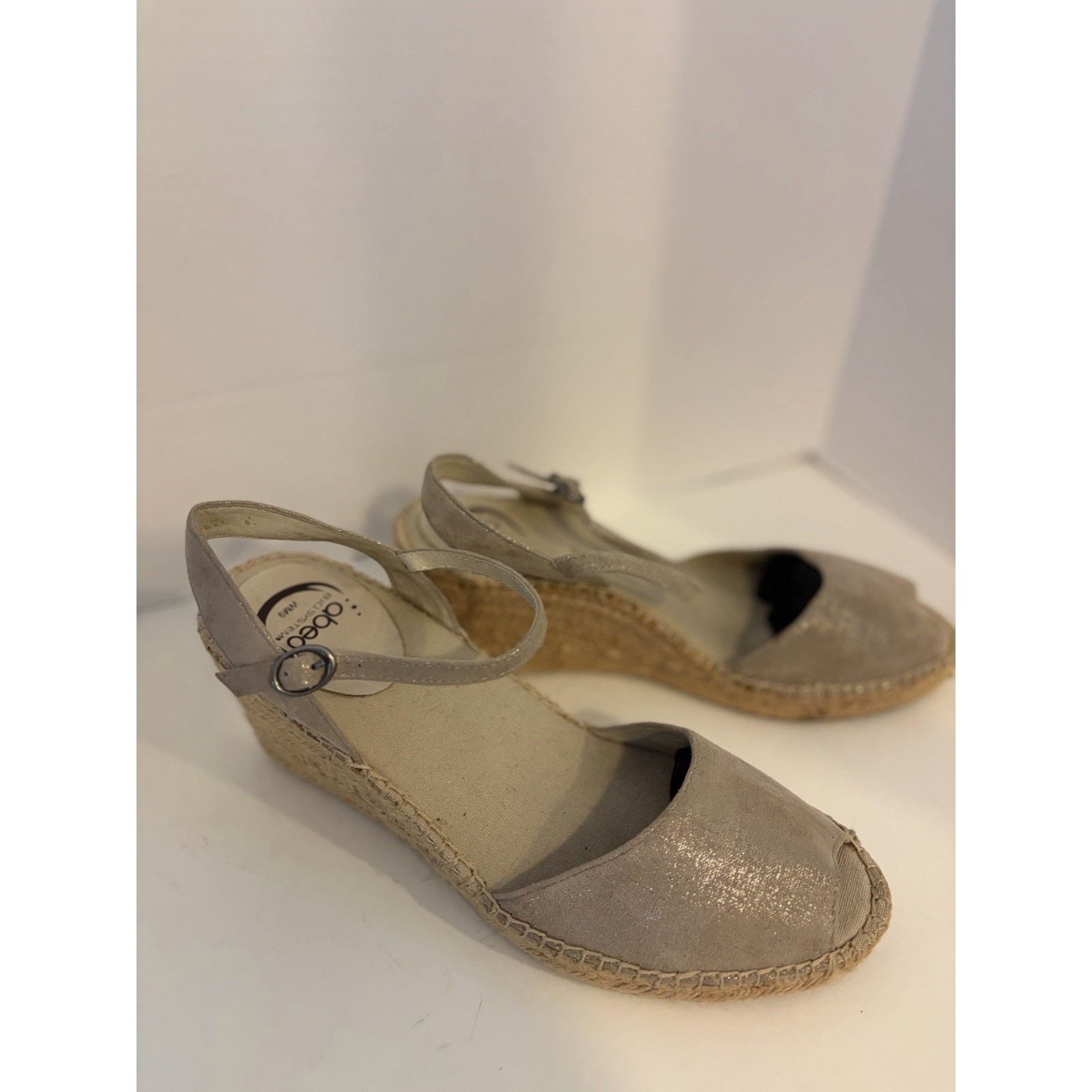 Abeo Dahlia Leather Metallic Beige Espadrille Wedge Sandal Bio System Size 9