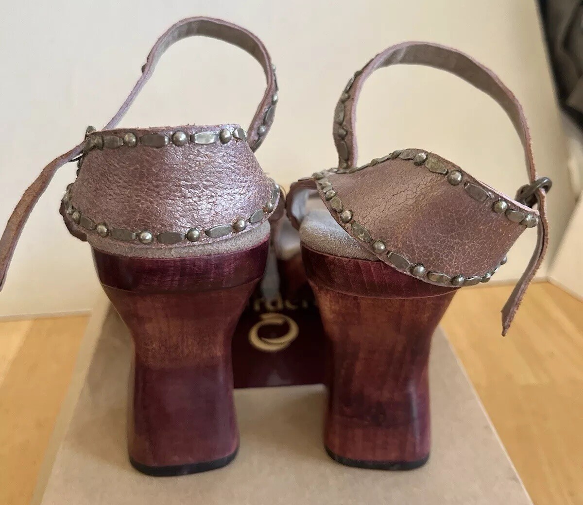 Calleen Cordero studded Kaia Metallic leather Wood Hourglass Heel Sandals Sz 5.5
