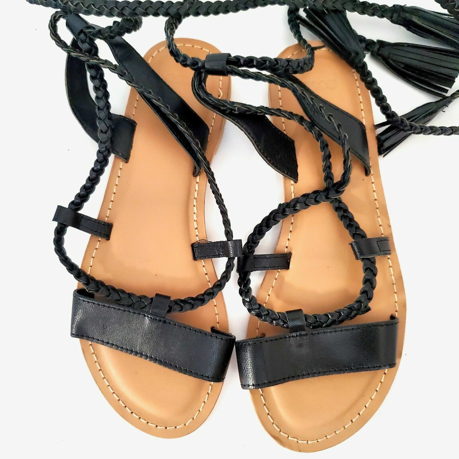 ASOS Black Braided Lace Up Gladiator Sandals Tassel Boho Strappy Flats Size 6