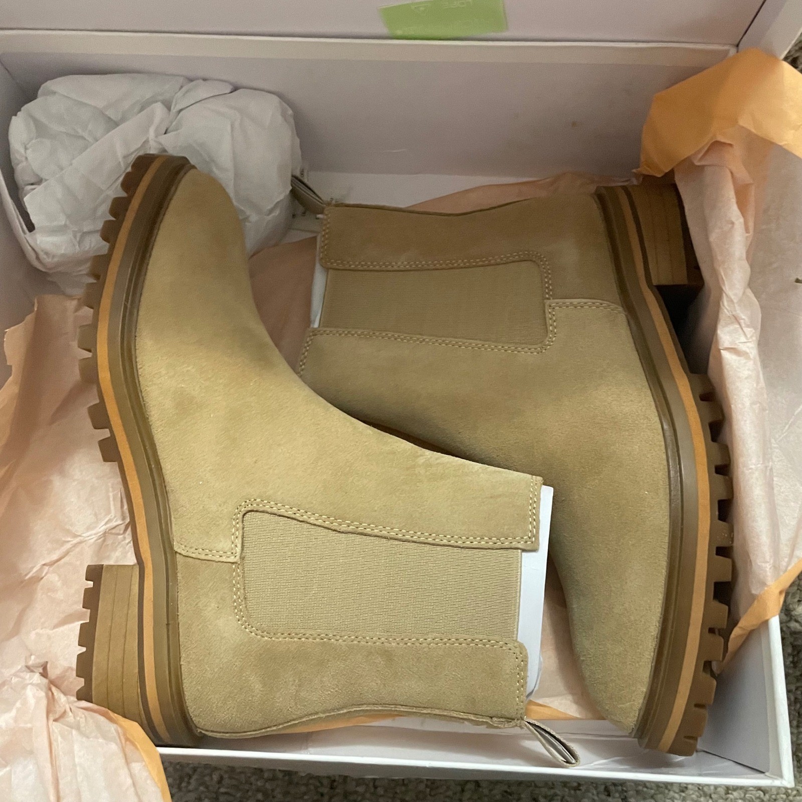 Quince Suede Chelsea Boots Women 6 Desert Color Lug Sole Block Heel Pull On New