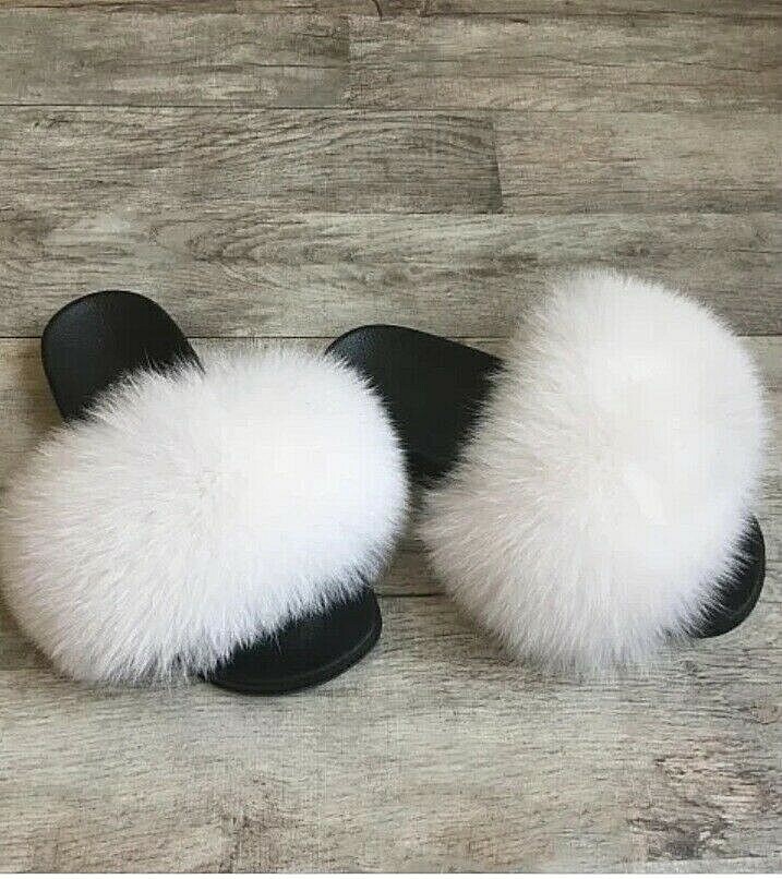 Women Real FOX Fur Slides Fluffy Slippers Women Girl Beach Furry Sandals Leather