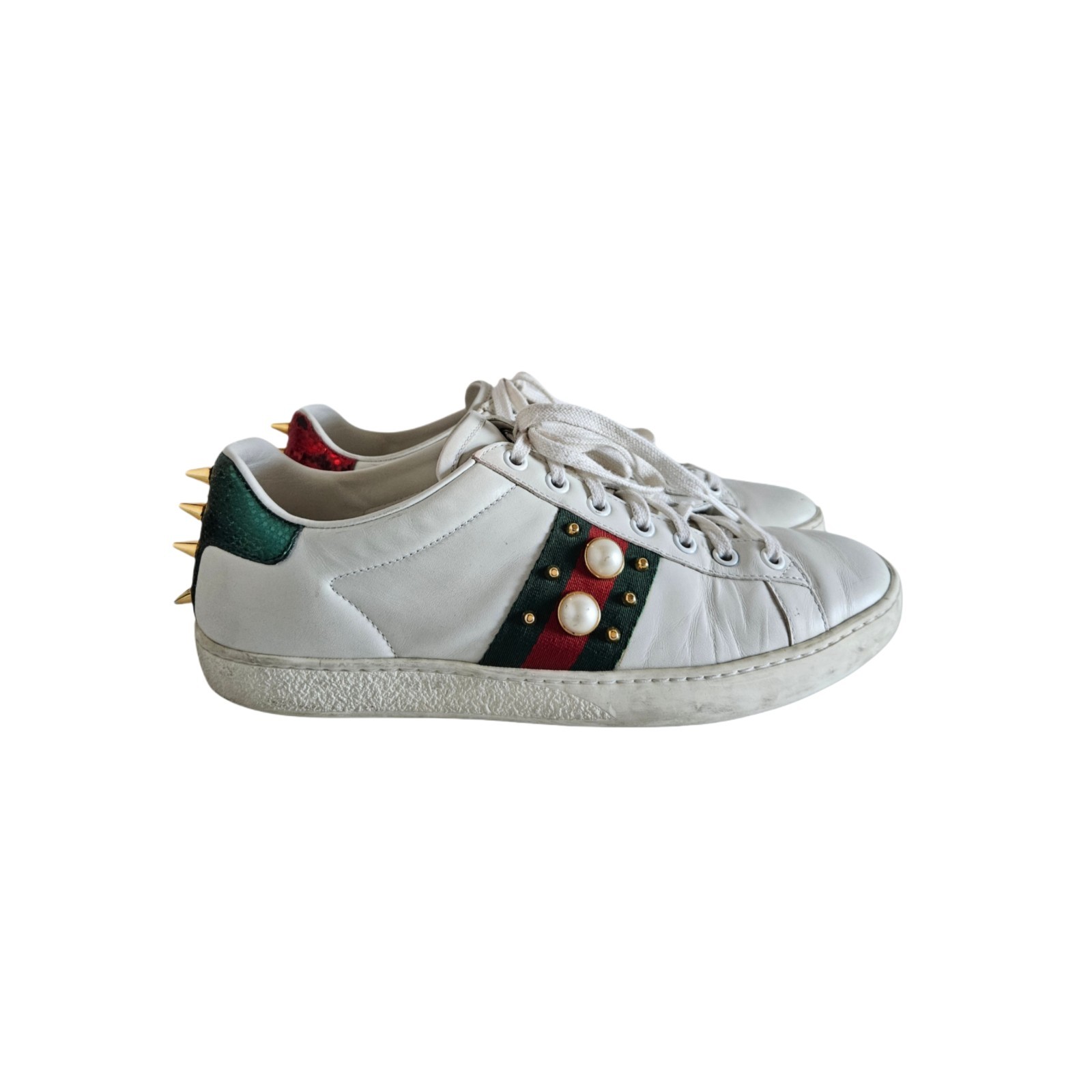 Gucci White Leather Ace Studded Pearl Sneaker, Size 39