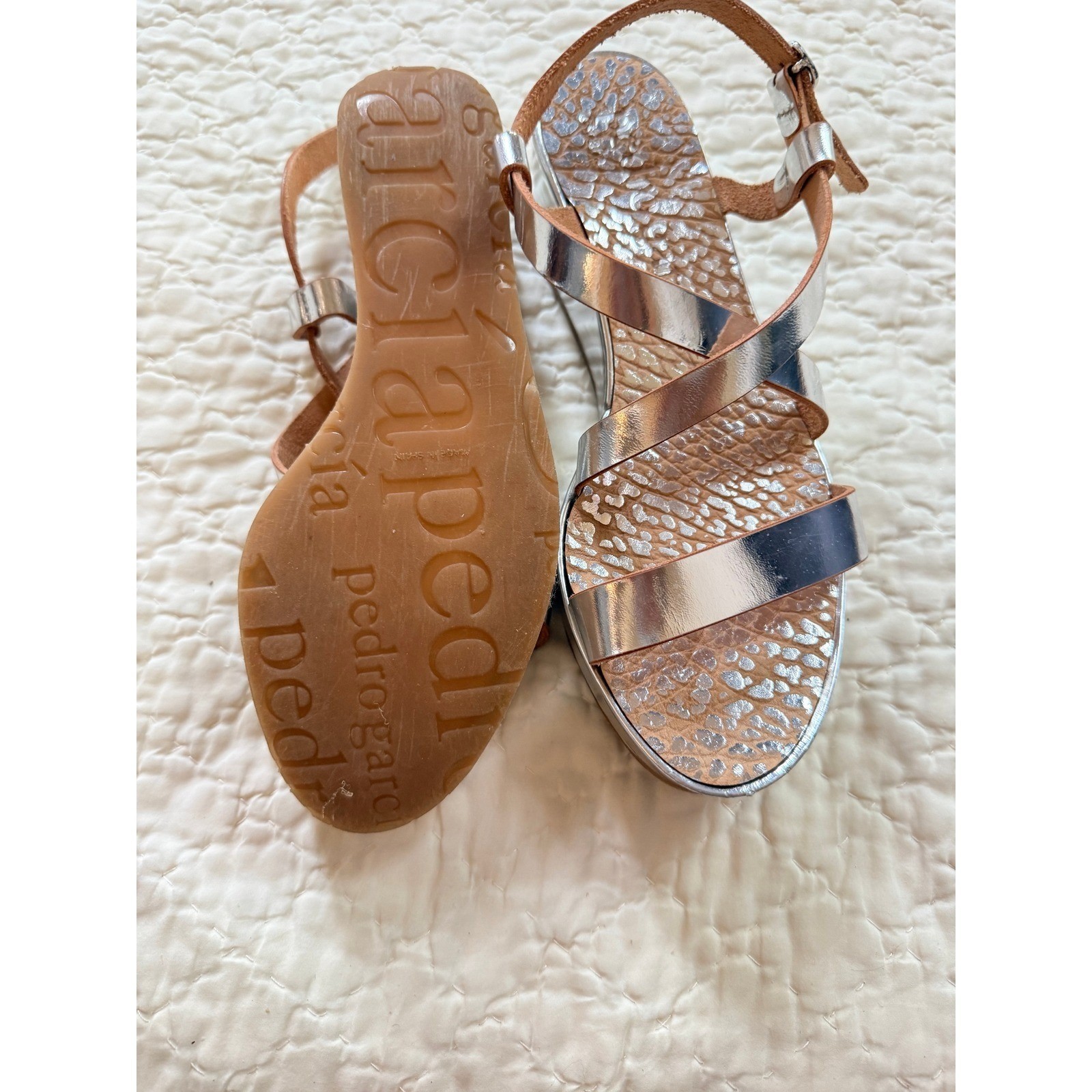 Pedro Garcia Silver Metallic Platform Sandals Block Heel Mirror Finish Strappy
