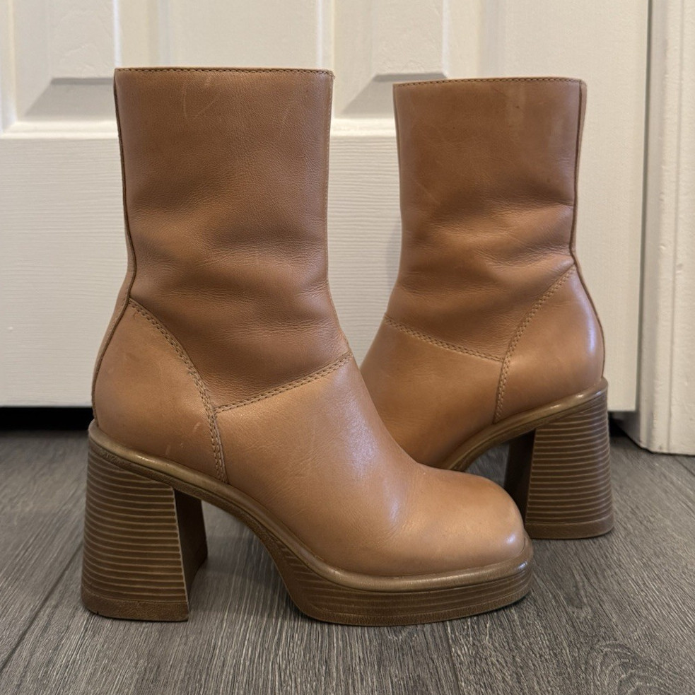 Steve Madden Brown Leather Ankle Bootie Zip Square Toe Block Heel US 6.5M