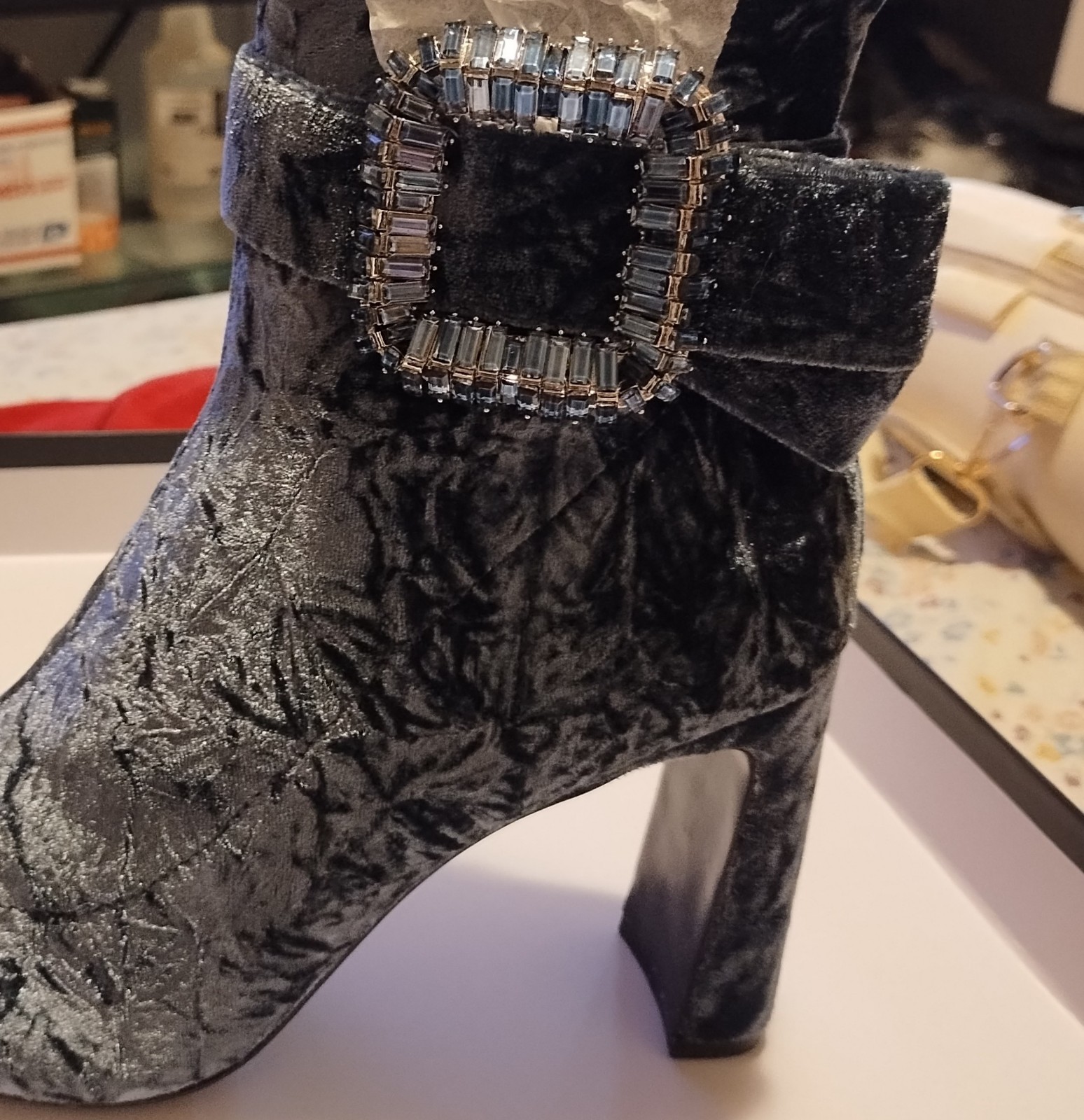 New badgley mischka Velvet Ankle Boot Blue Box, Dust Cover. Crystal Buckle 6.5