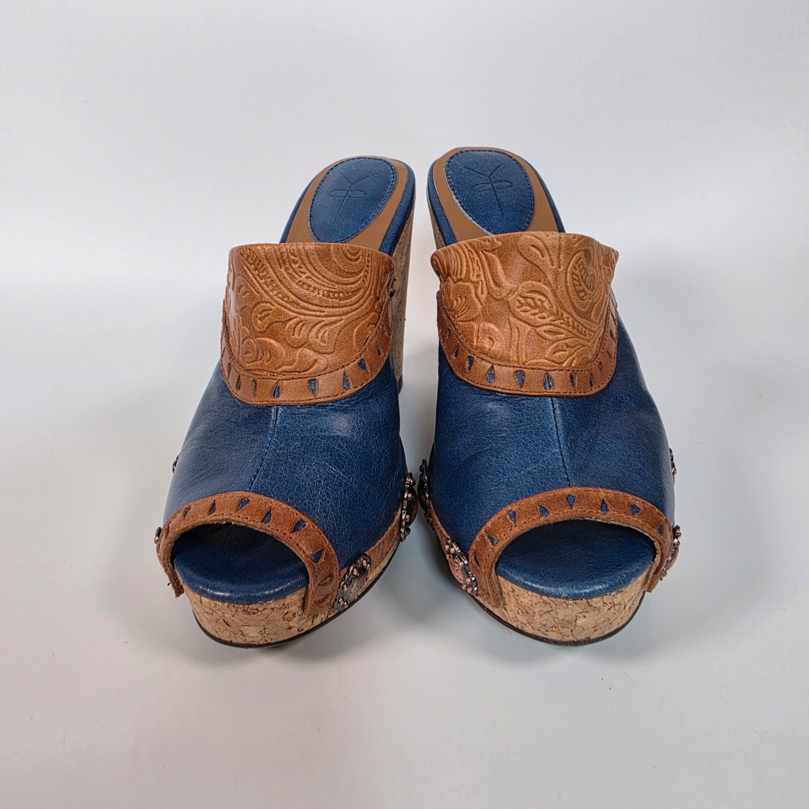 Y2K Saddle Up Wedge Mule Sandals Women’s 6 Blue Cork Western Concho