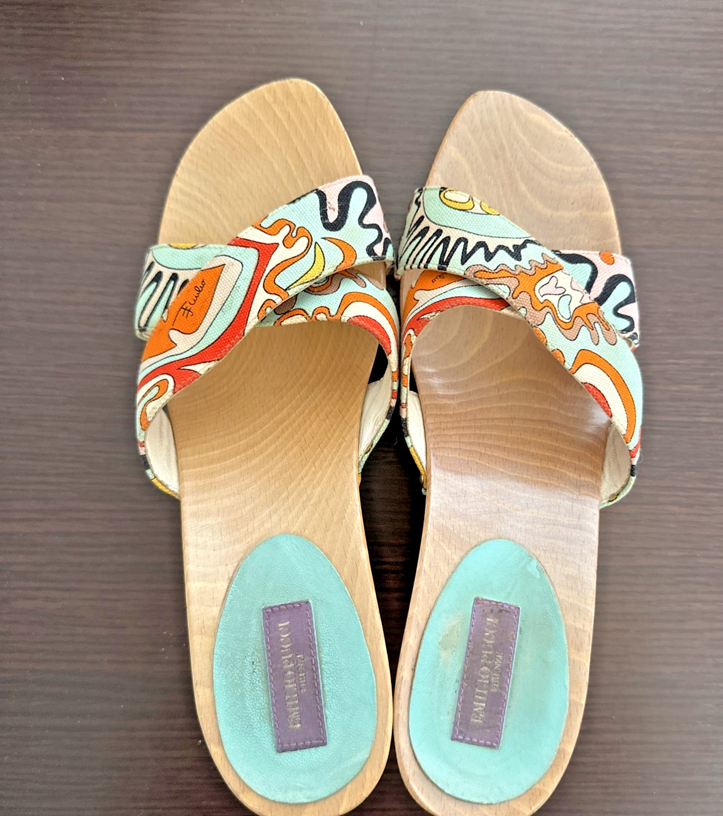 Emilio Pucci Wooden Wedge Sandals Multicolor Abstract Pattern Size 38 ITALY