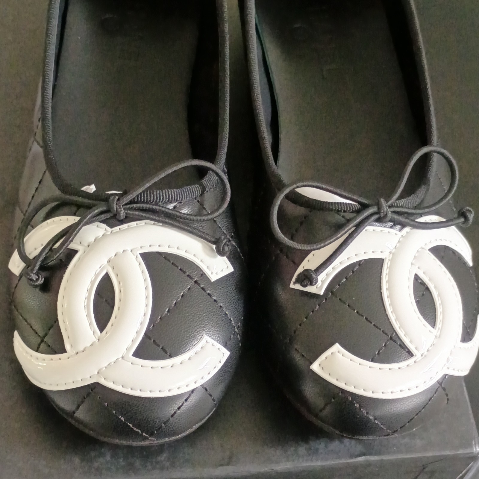 Chanel Ballet Slipper Cambons Size 7.5 Black CC LOGO Authentic BRAND NEW