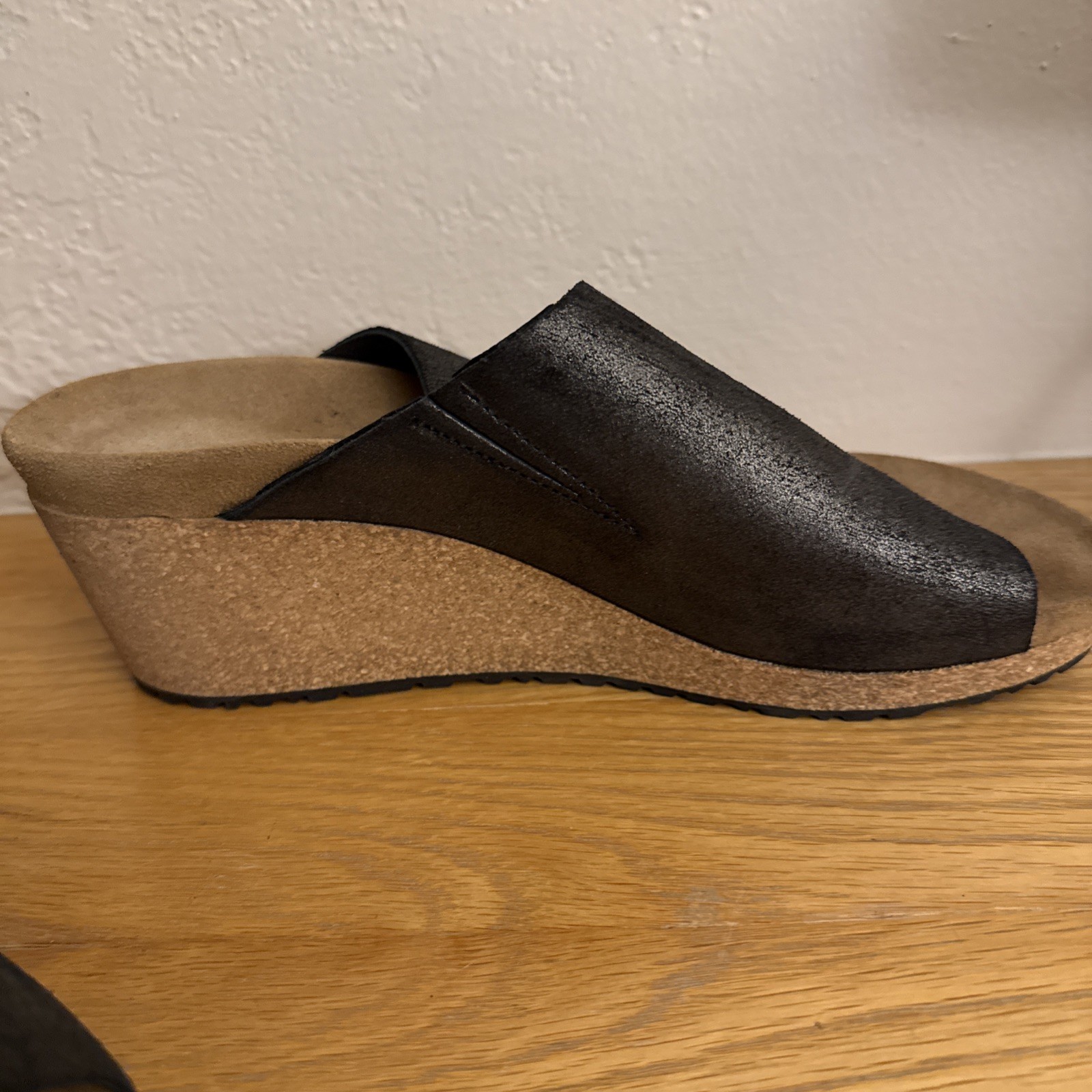 Papillio Wedge Sandals Womens 41 US 10 Black Metallic Leather Cork Slide Mules