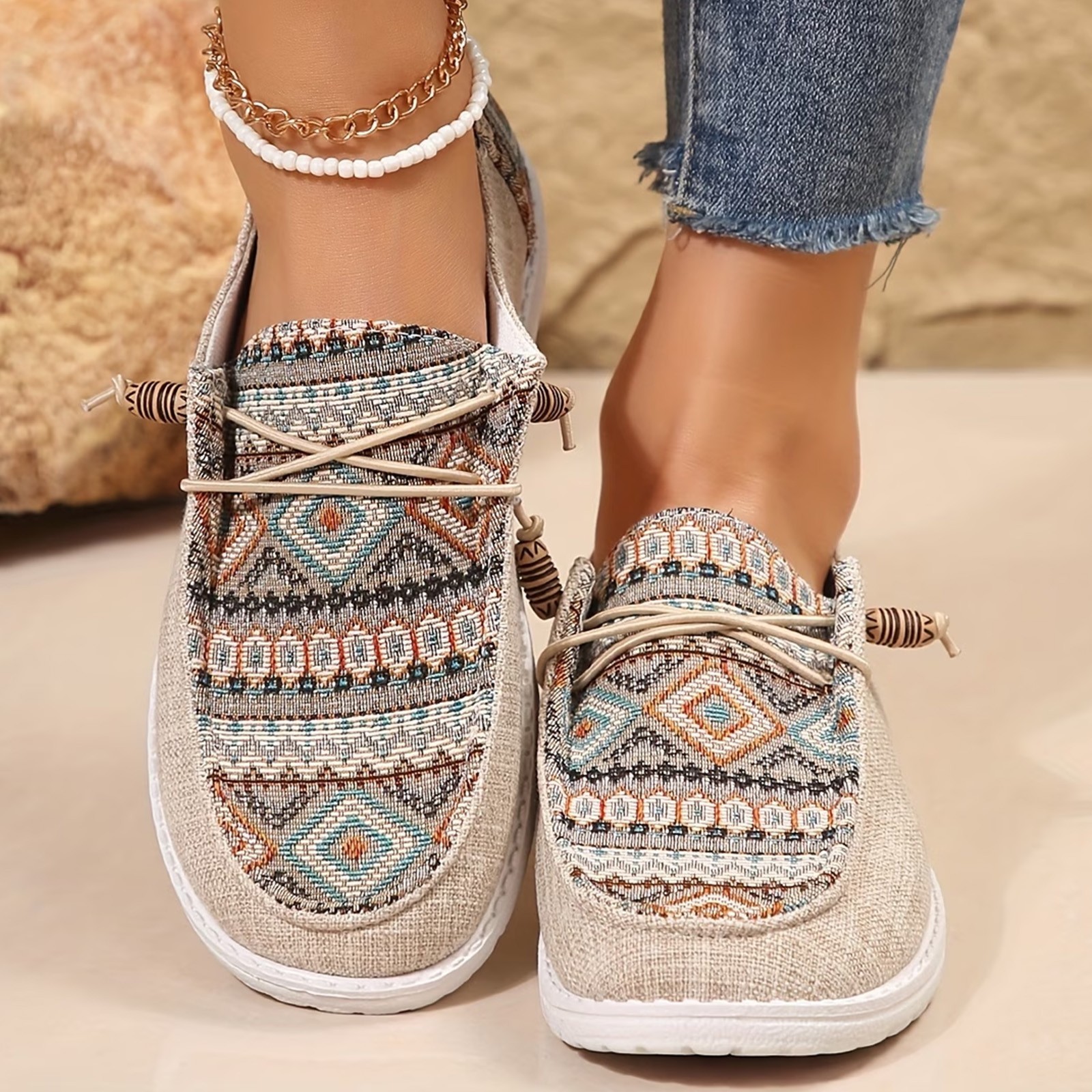 Women’s Outdoor Comfort Ethnic Print Casual Shoes Breathable Canvas Boat Shoes