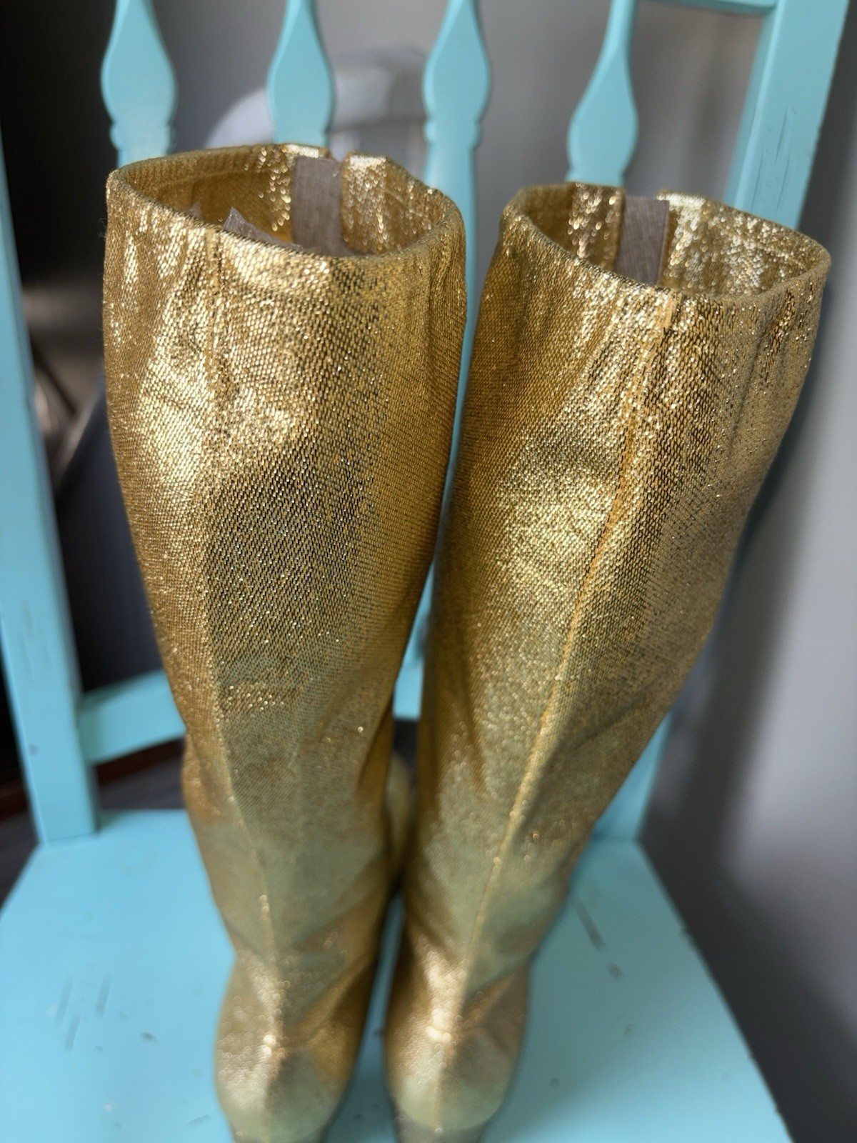 Rare Vintage Women Gold Metallic Lame Knee-High Go Go Boots