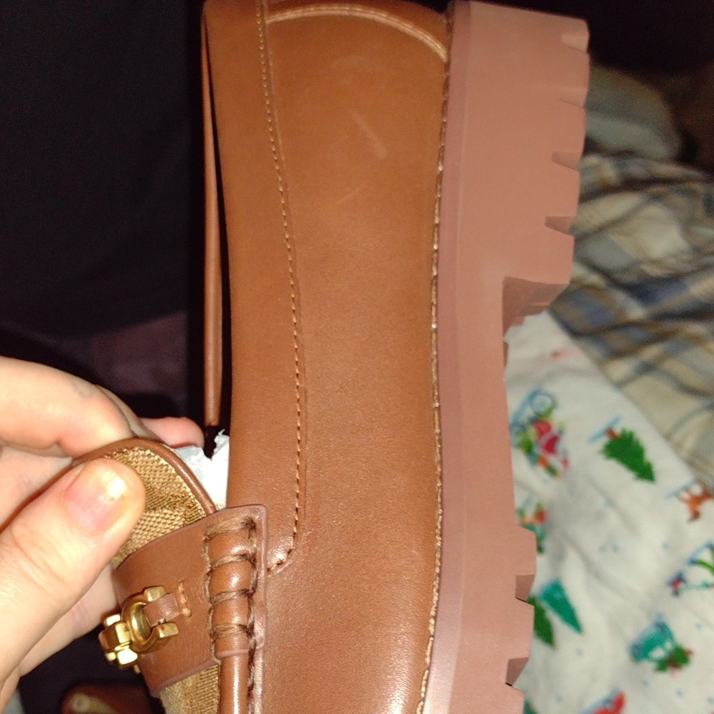 Coach Signature Canvas Brown Slip-On Loafer Flats Gold-Tone Chain Hardware