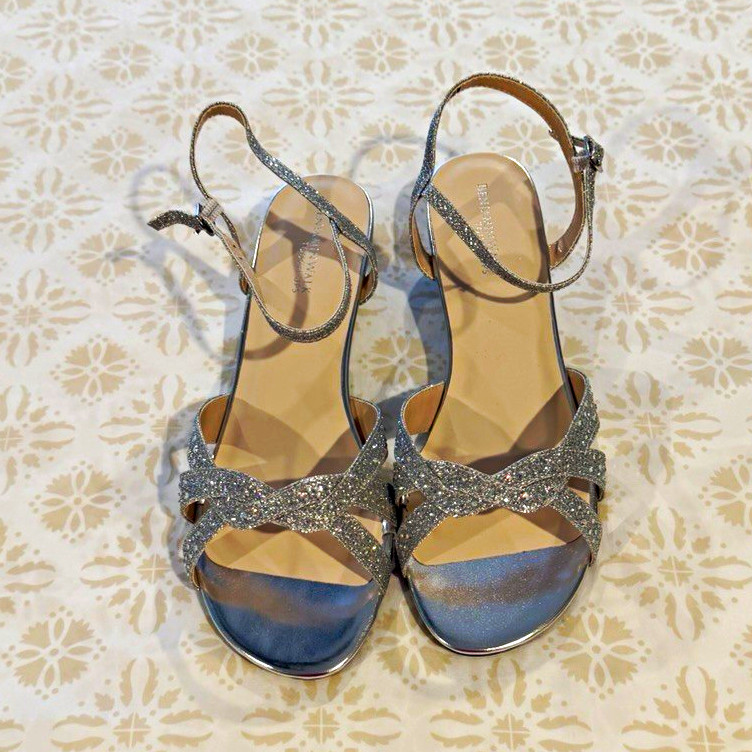 Benjamin Walk Touch Ups Lena Silver Glitter Strappy Wedge Sandals Ankle Strap 9W