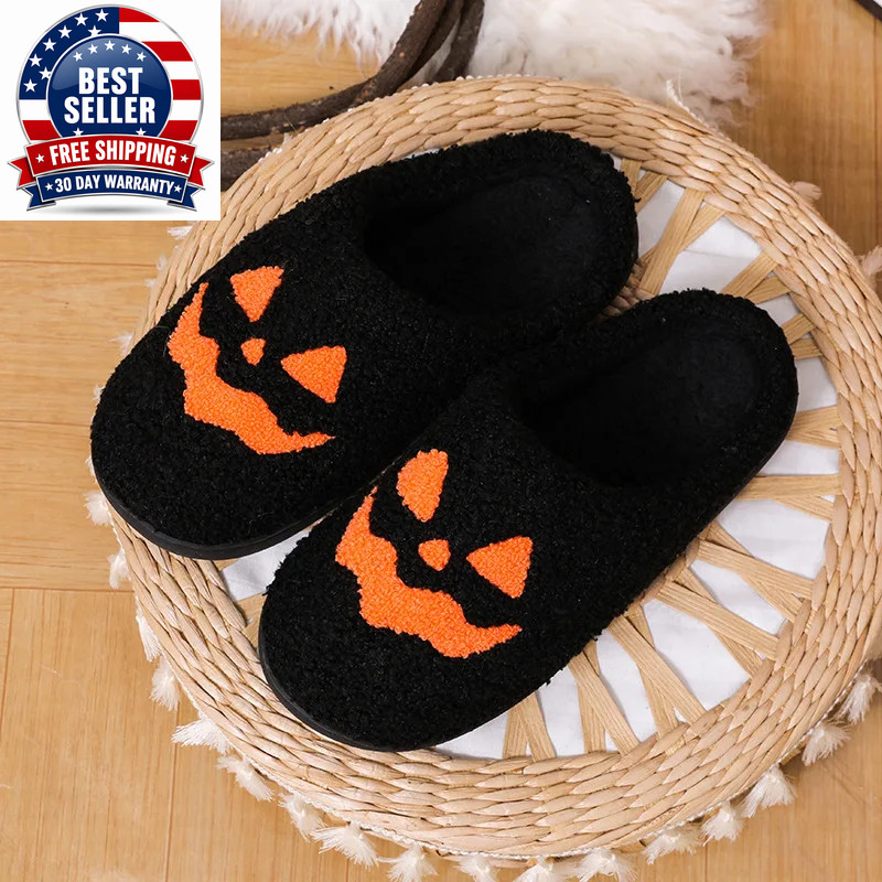 Cozy Halloween Pumpkin Slippers Women Soft Plush Non Slip Indoor Cotton Slides W
